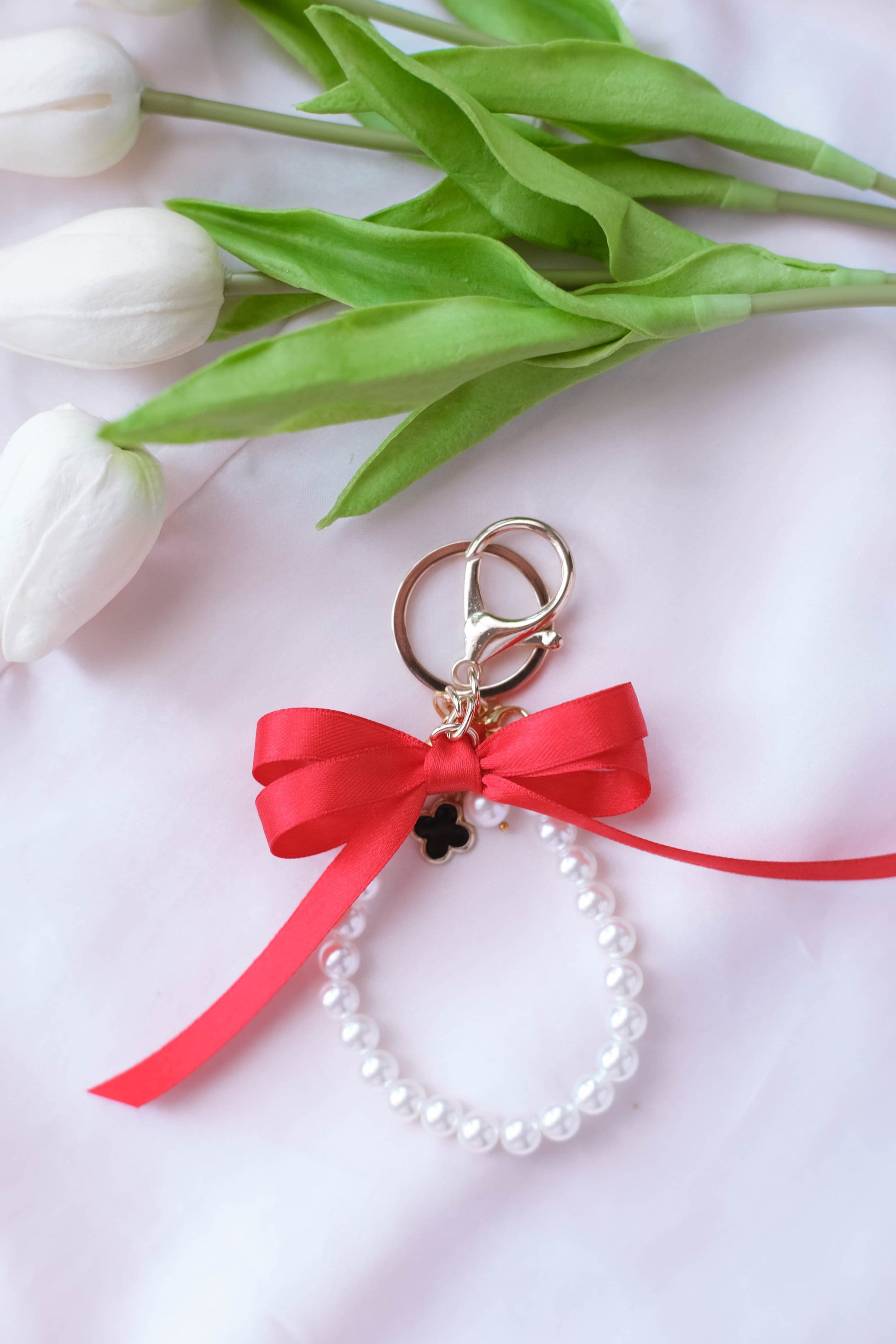 Pearl and Ribbon Keychain Elegant Wristlet For Women Purse Accessory For Her Gift Idea for BFF Aesthetic Keychain For Women Luxury Keychain