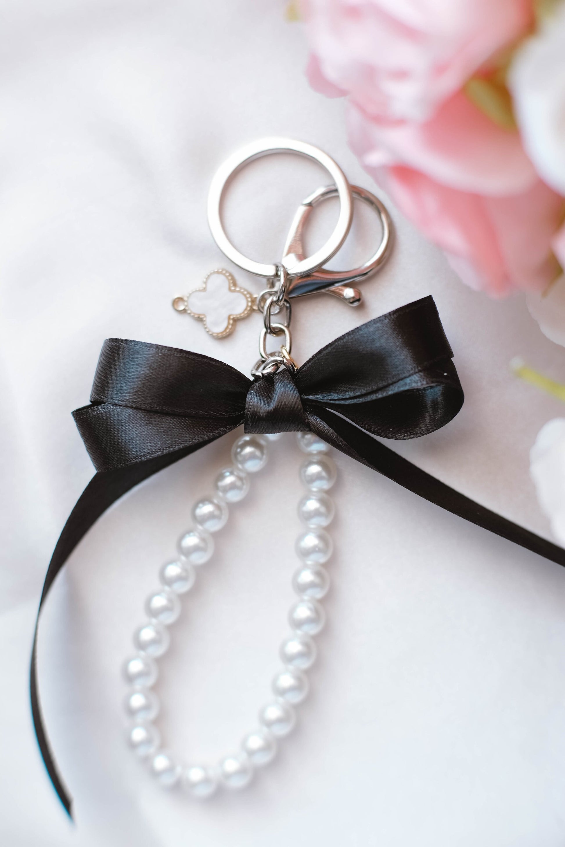 Pearl and Ribbon Keychain Elegant Wristlet For Women Purse Accessory For Her Gift Idea for BFF Aesthetic Keychain For Women Luxury Keychain