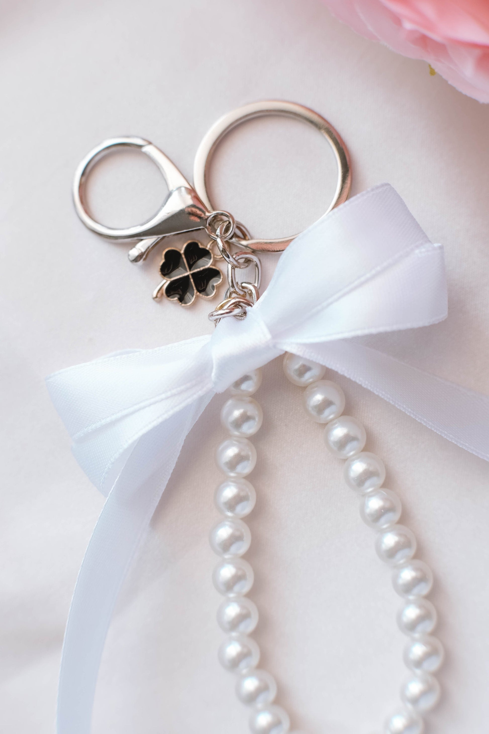 Pearl and Ribbon Keychain Elegant Wristlet For Women Purse Accessory For Her Gift Idea for BFF Aesthetic Keychain For Women Luxury Keychain