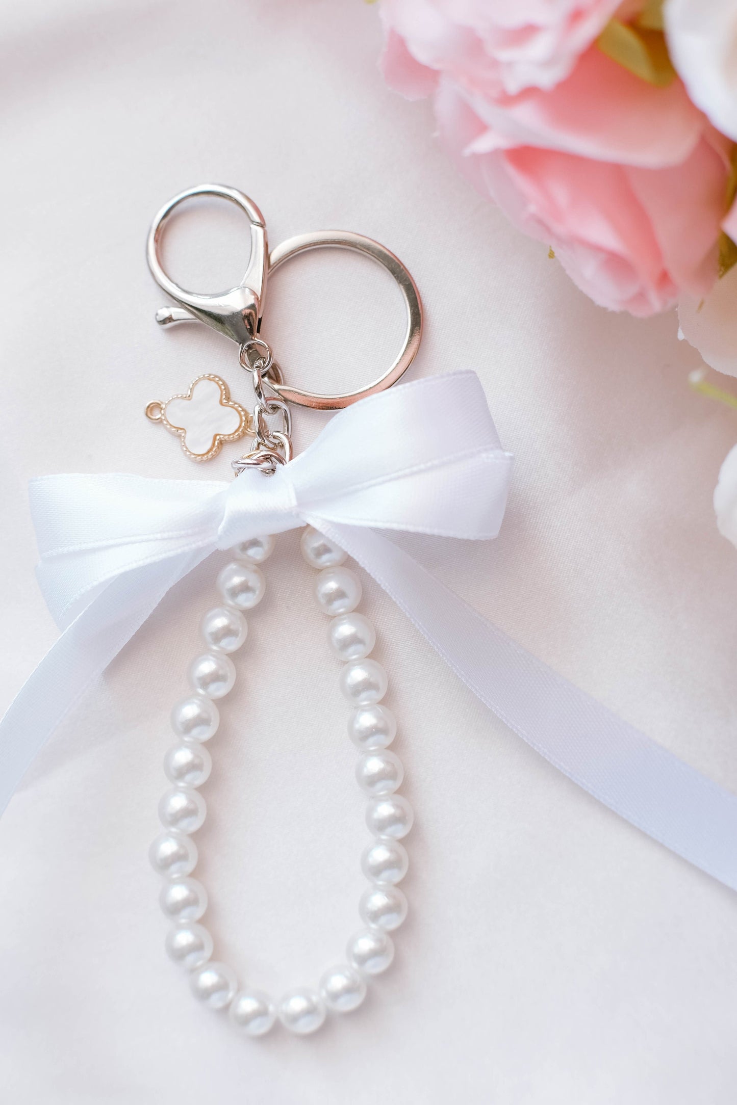 Pearl and Ribbon Keychain Elegant Wristlet For Women Purse Accessory For Her Gift Idea for BFF Aesthetic Keychain For Women Luxury Keychain
