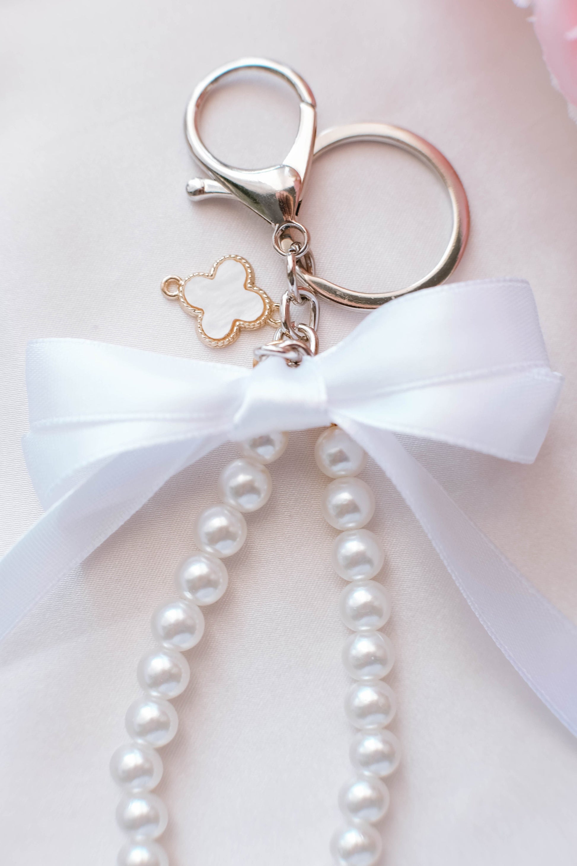 Pearl and Ribbon Keychain Elegant Wristlet For Women Purse Accessory For Her Gift Idea for BFF Aesthetic Keychain For Women Luxury Keychain