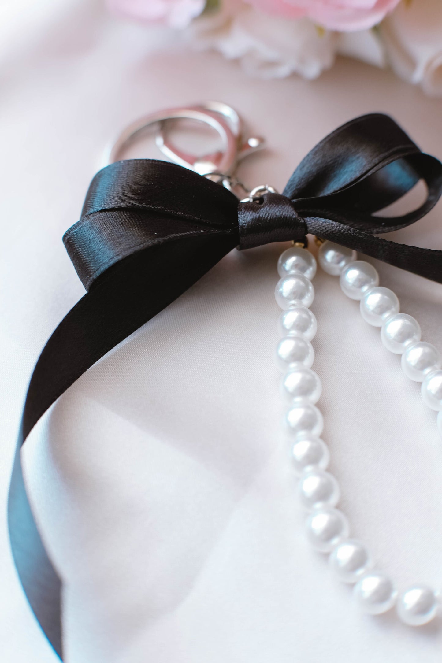 Pearl and Ribbon Keychain Elegant Wristlet For Women Purse Accessory For Her Gift Idea for BFF Aesthetic Keychain For Women Luxury Keychain
