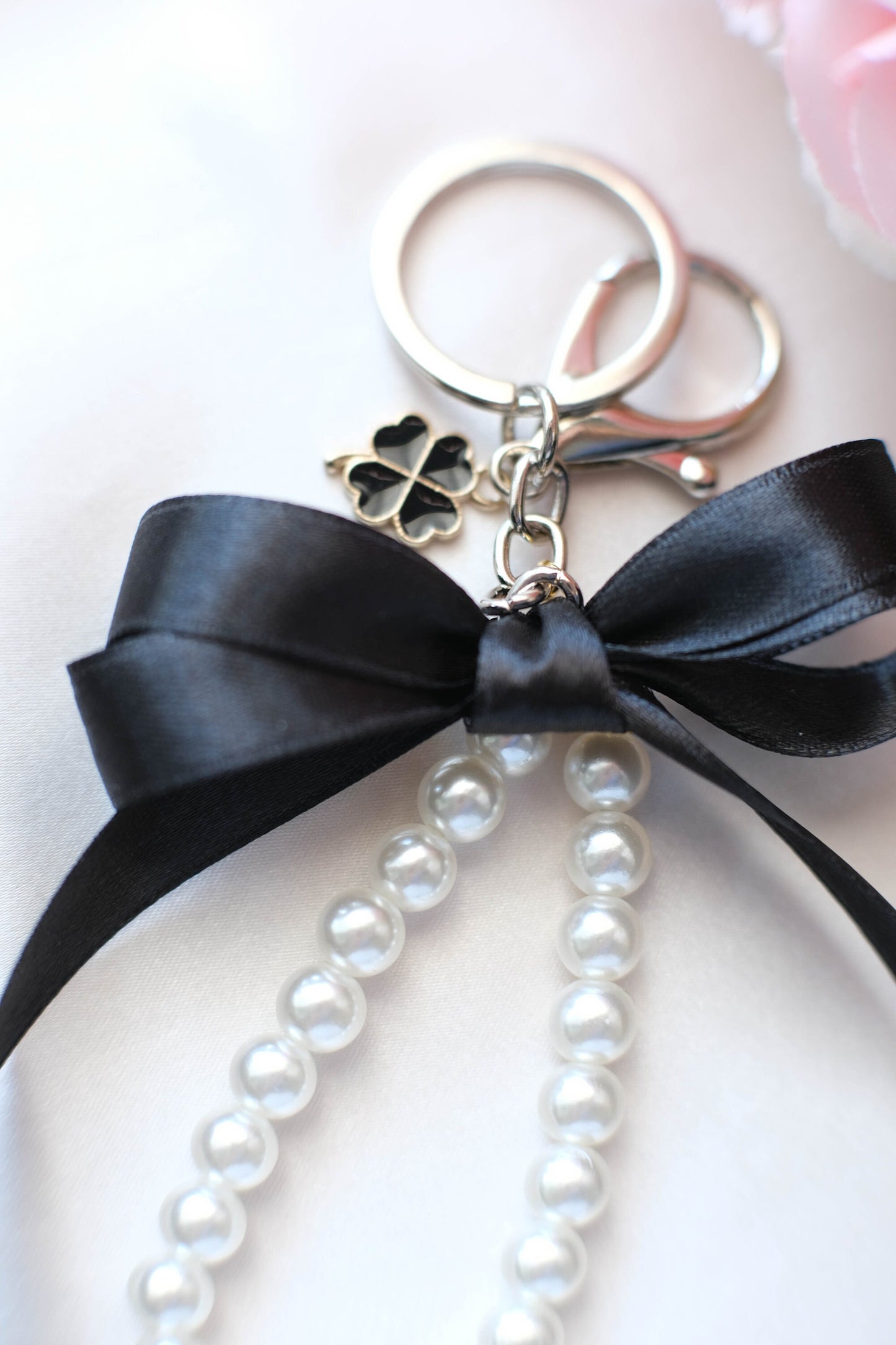 Pearl and Ribbon Keychain Elegant Wristlet For Women Purse Accessory For Her Gift Idea for BFF Aesthetic Keychain For Women Luxury Keychain