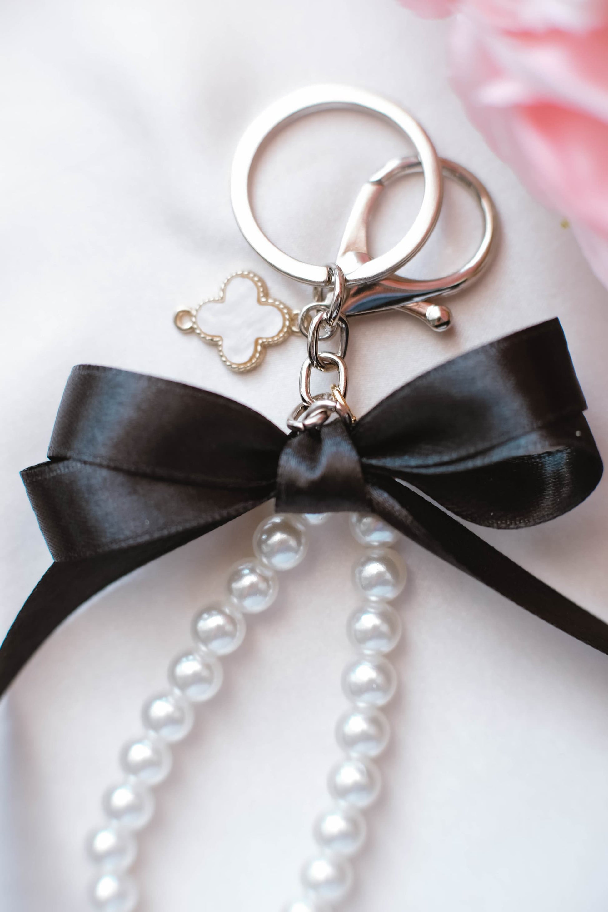 Pearl and Ribbon Keychain Elegant Wristlet For Women Purse Accessory For Her Gift Idea for BFF Aesthetic Keychain For Women Luxury Keychain