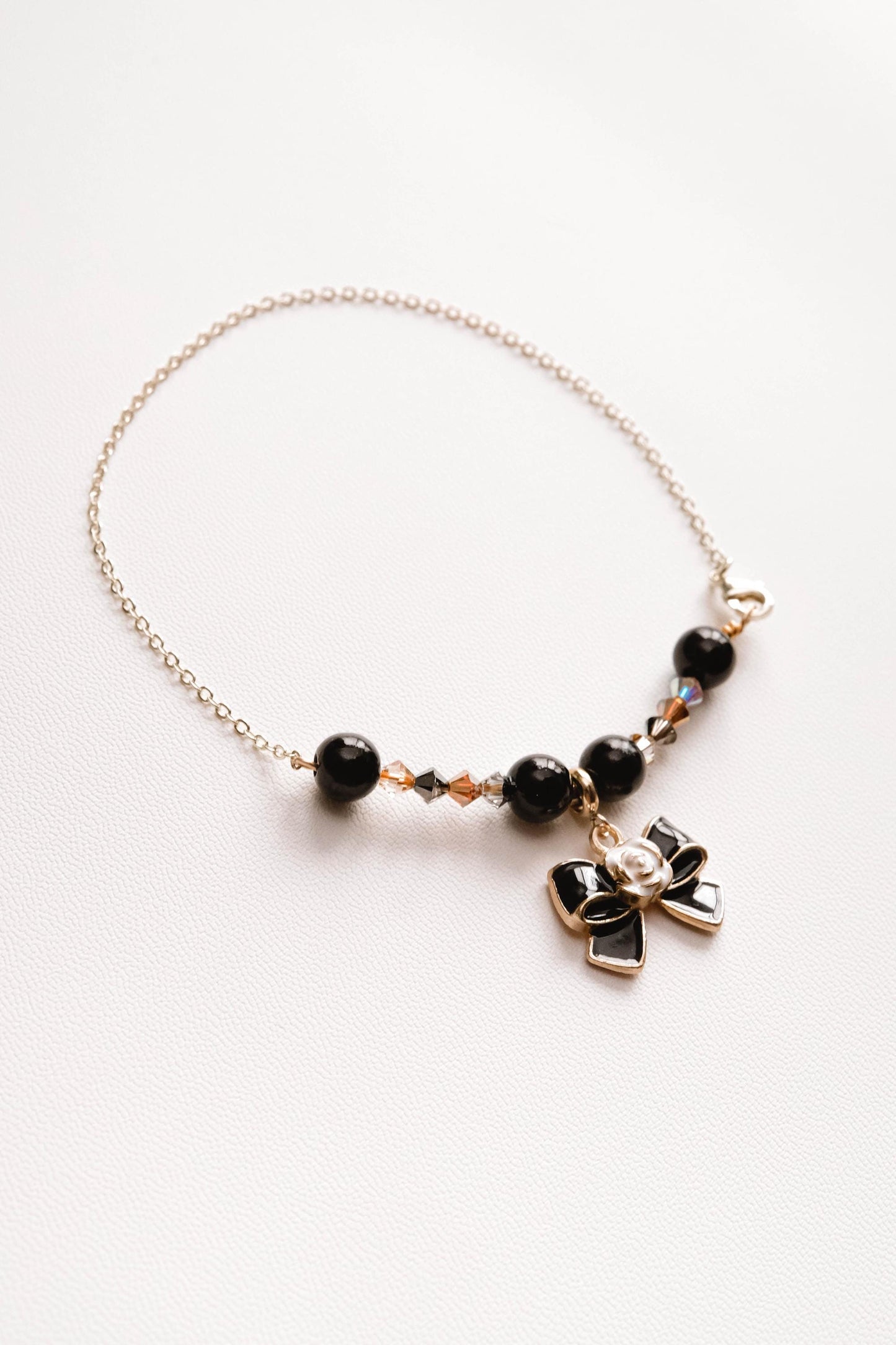 Pearl Anklet, Crystal Anklet, Cute Ankle Bracelet, Elegant Jewelry, Dainty Anklet Gift for Her, Coquette Anklet, Handmade Jewelry, Black Bow