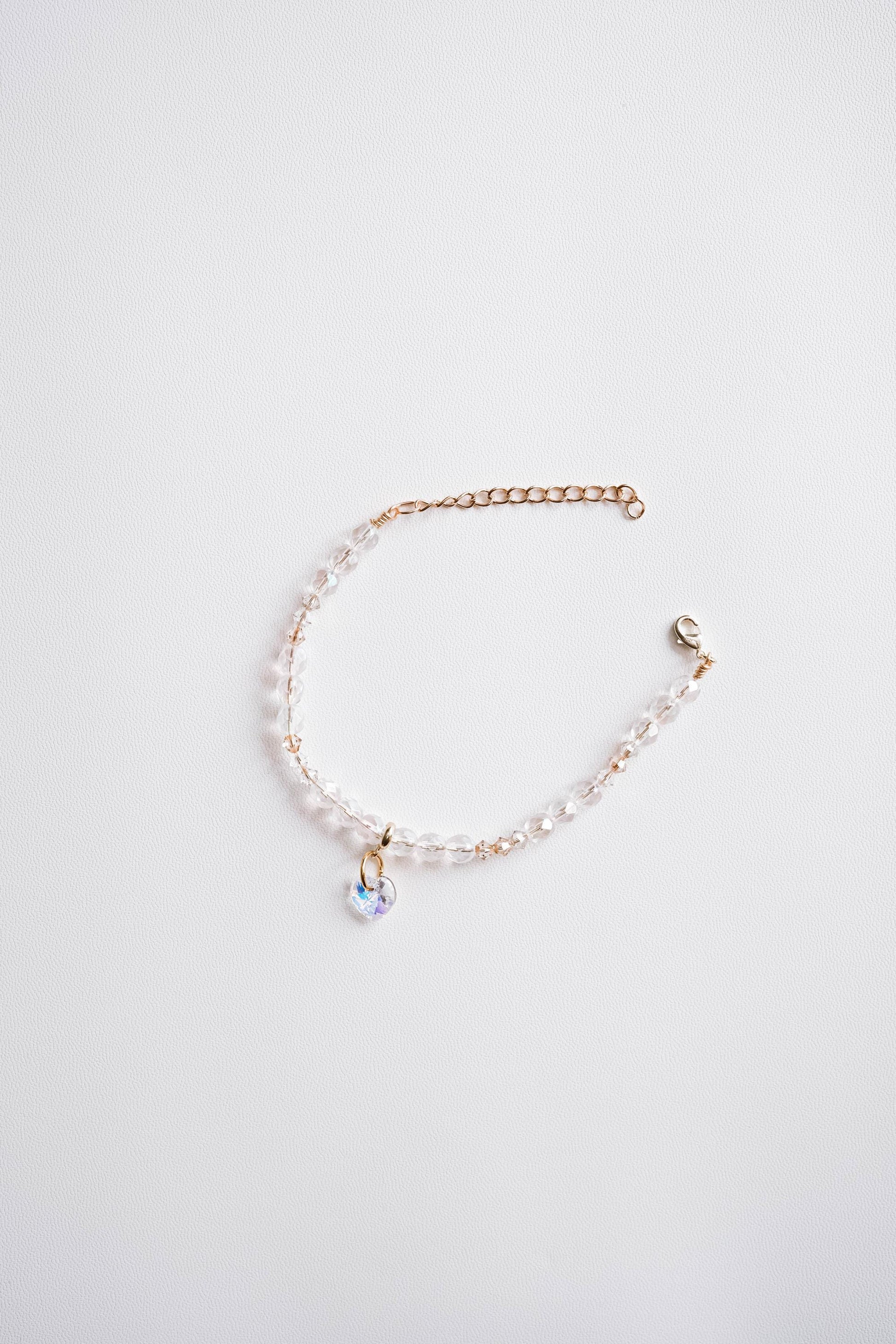 Crystal Anklet, Elegant Anklet, Heart Charm Ankle Bracelet, Dainty Jewelry, Handmade Anklet, Bridal Gift For Her, Bridal Jewelry, Glass Bead