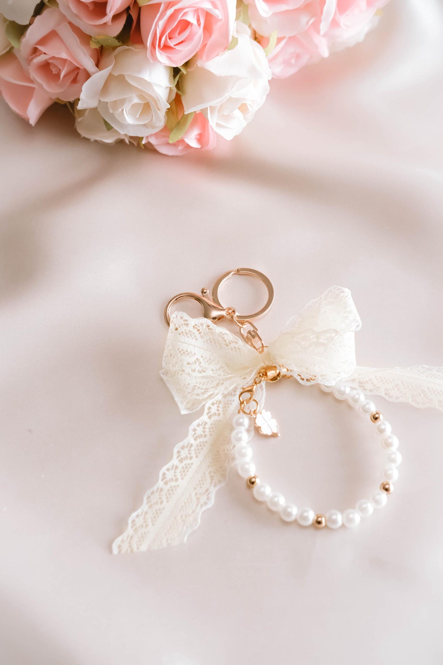 Elegant Pearl Bracelet Keychain Lace Bow 2 in 1 Wristlet Jewelry Charm | Handmade Gift with Clover Charm | Coquette Aesthetic Accessory