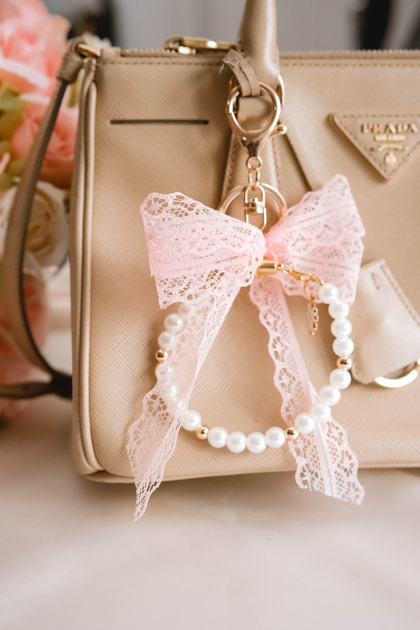 Elegant Pearl and Ribbon Keychain Wristlet For Women Purse Accessory For Her Gift Idea for BFF Aesthetic Jewelry For Women Luxury Bracelet