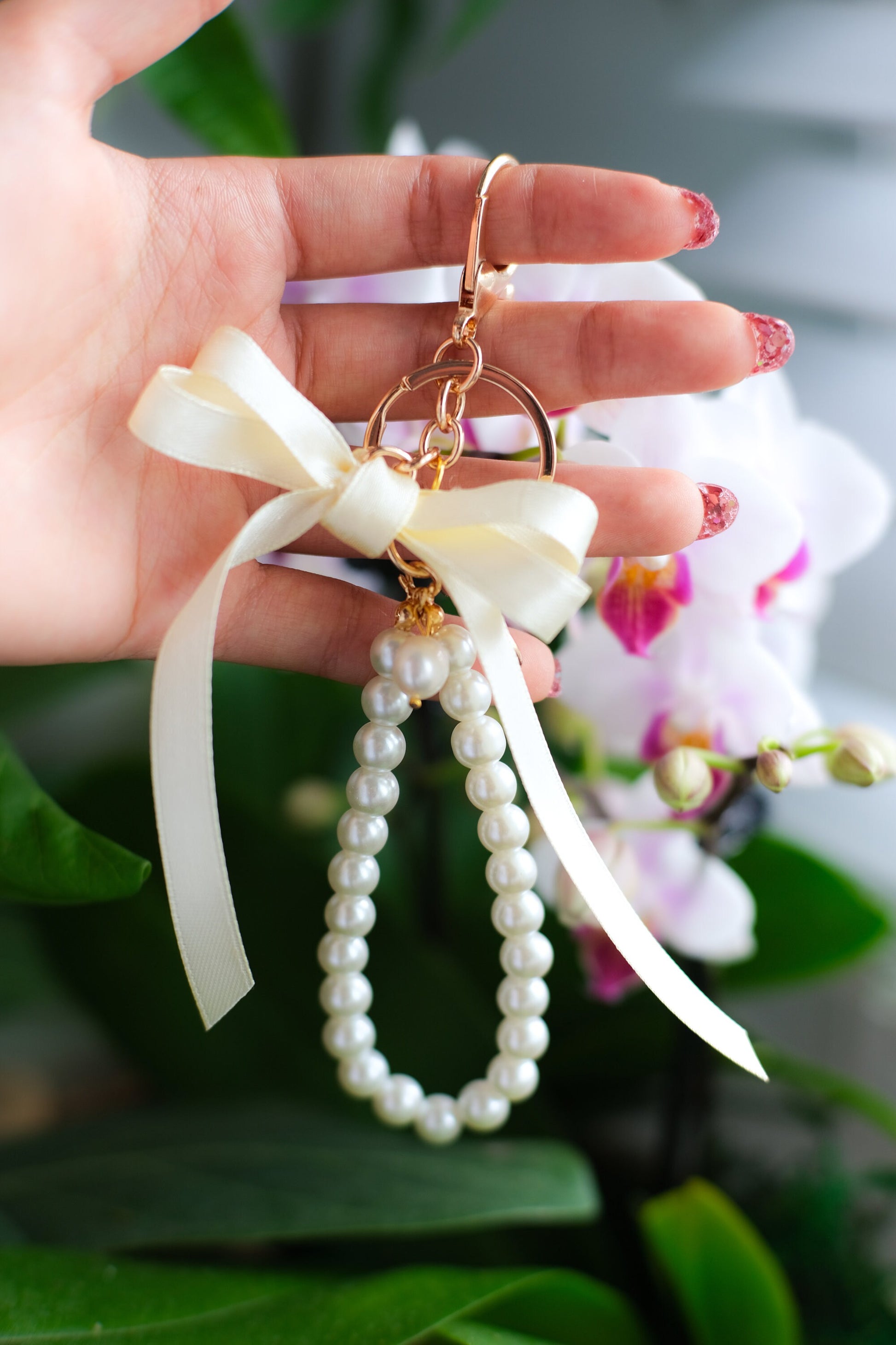 Pearl and Ribbon Keychain Elegant Wristlet For Women Purse Accessory For Her Gift Idea for BFF Aesthetic Keychain For Women Luxury Keychain