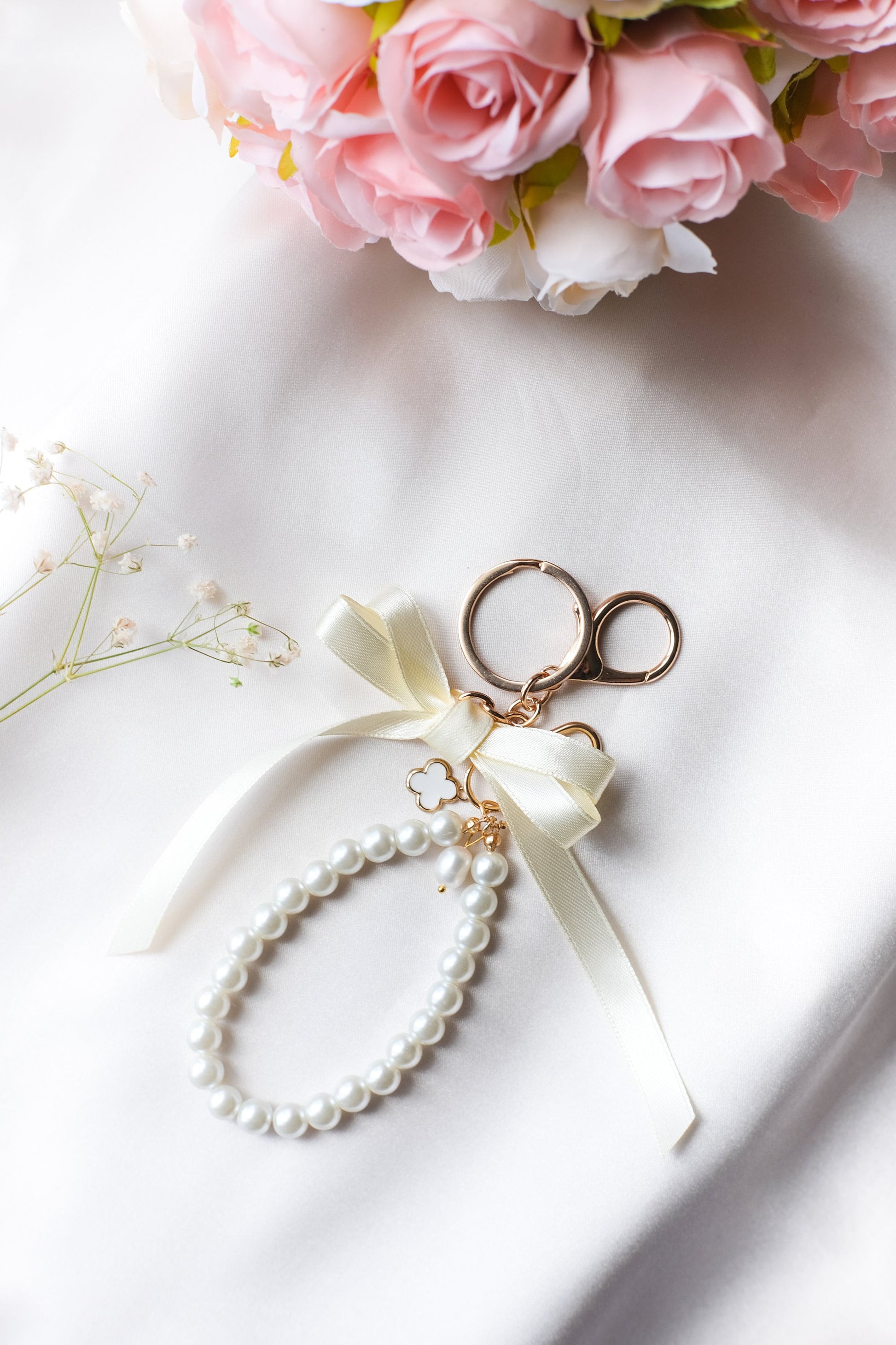 Pearl and Ribbon Keychain Elegant Wristlet For Women Purse Accessory For Her Gift Idea for BFF Aesthetic Keychain For Women Luxury Keychain
