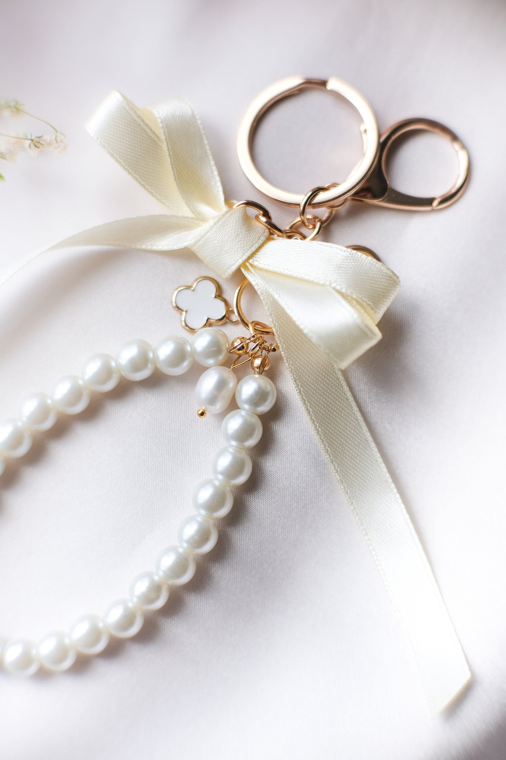 Pearl and Ribbon Keychain Elegant Wristlet For Women Purse Accessory For Her Gift Idea for BFF Aesthetic Keychain For Women Luxury Keychain