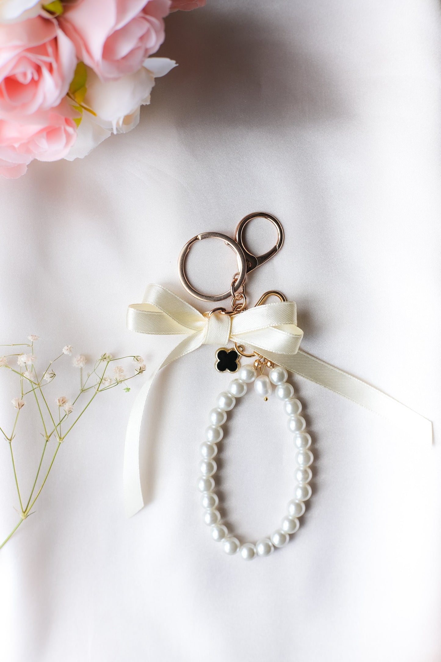 Pearl and Ribbon Keychain Elegant Wristlet For Women Purse Accessory For Her Gift Idea for BFF Aesthetic Keychain For Women Luxury Keychain