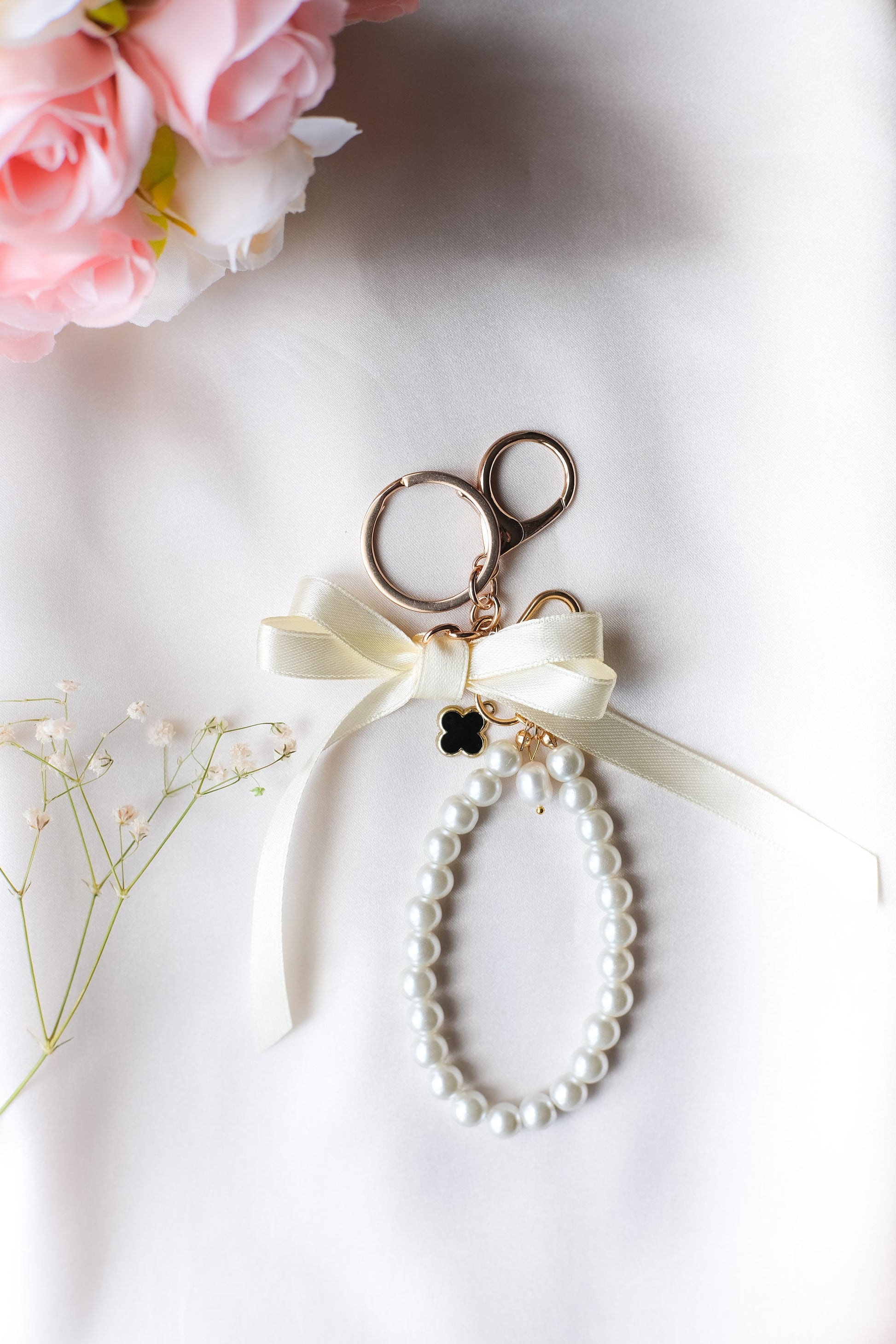 Pearl and Ribbon Keychain Elegant Wristlet For Women Purse Accessory For Her Gift Idea for BFF Aesthetic Keychain For Women Luxury Keychain