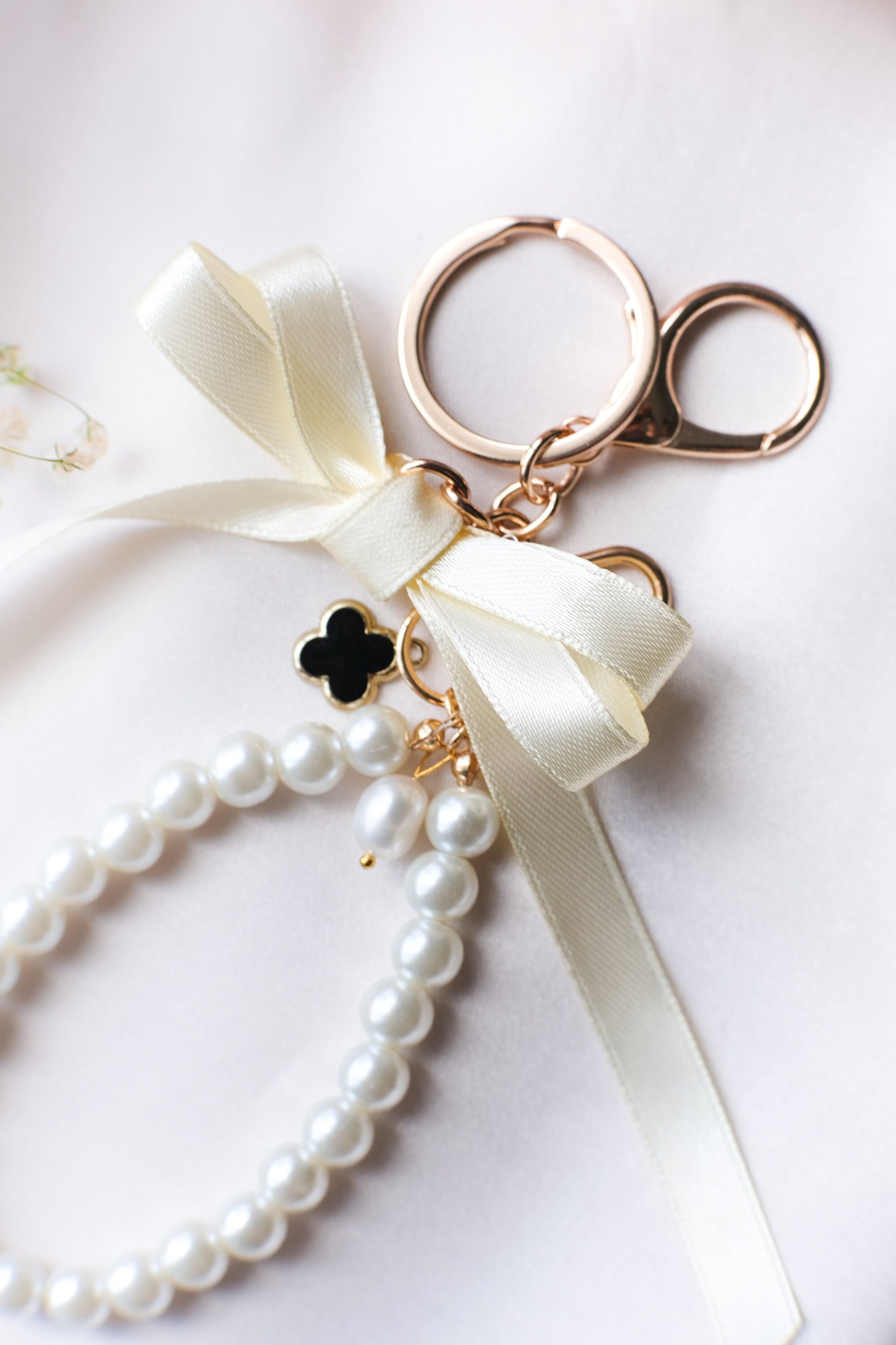 Pearl and Ribbon Keychain Elegant Wristlet For Women Purse Accessory For Her Gift Idea for BFF Aesthetic Keychain For Women Luxury Keychain