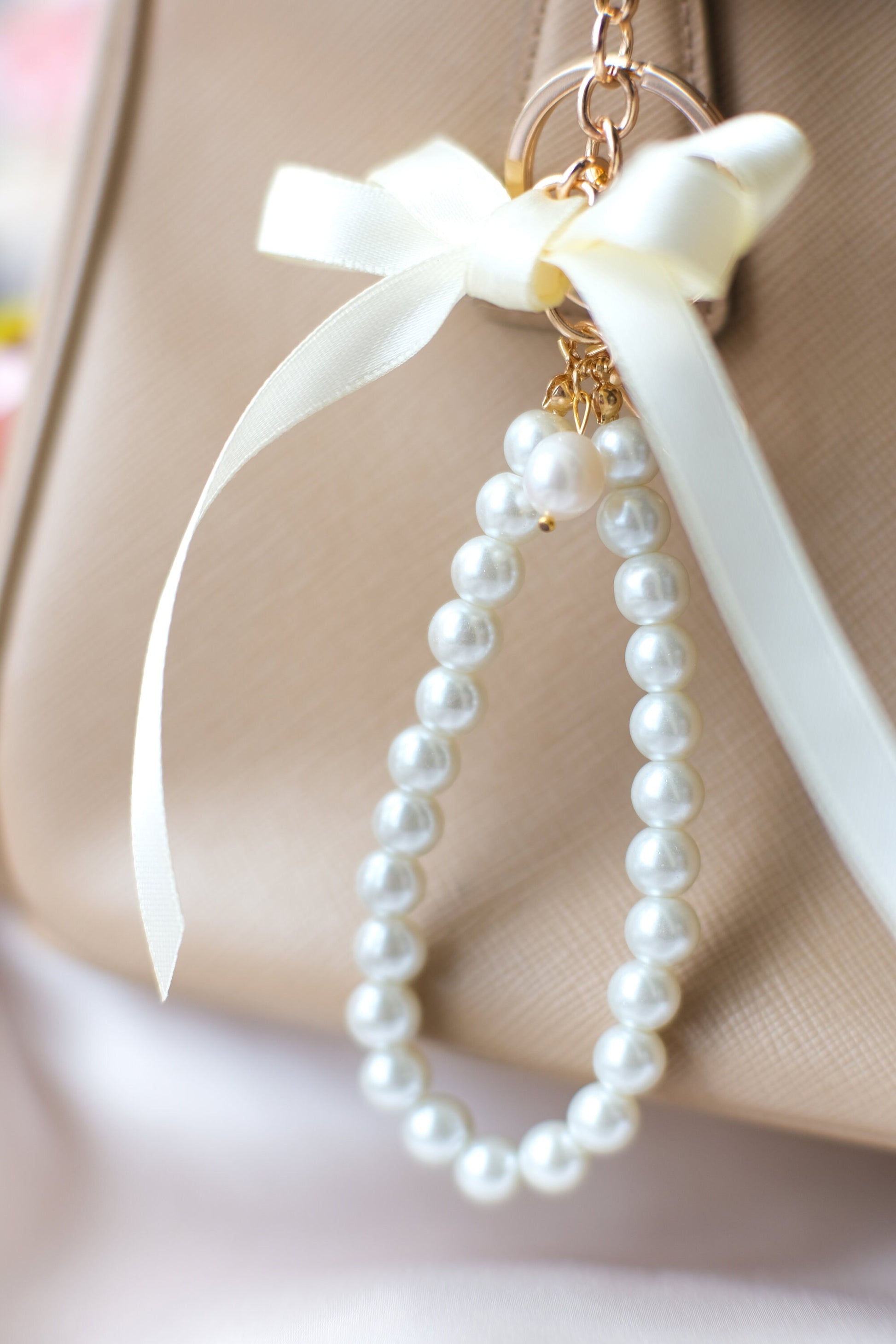 Pearl and Ribbon Keychain Elegant Wristlet For Women Purse Accessory For Her Gift Idea for BFF Aesthetic Keychain For Women Luxury Keychain