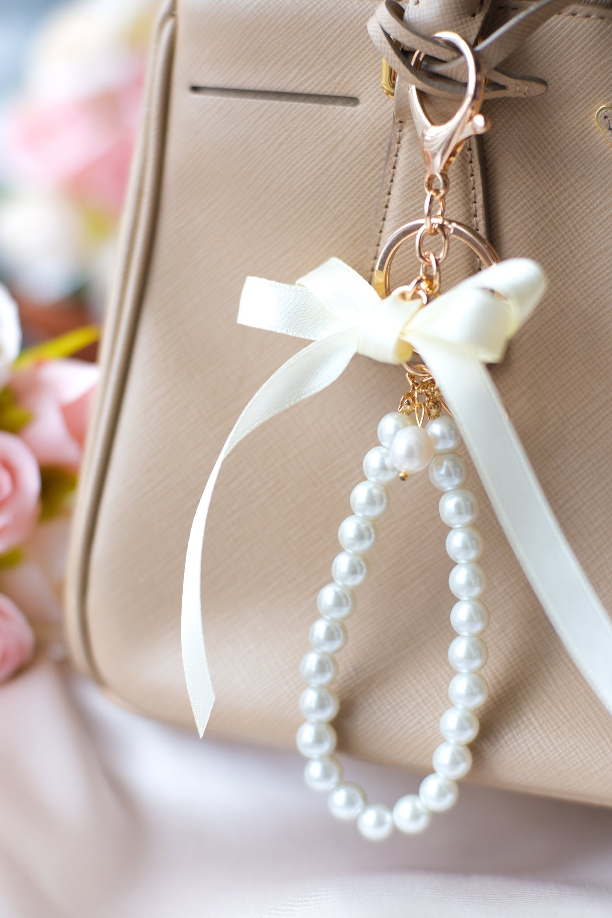 Pearl and Ribbon Keychain Elegant Wristlet For Women Purse Accessory For Her Gift Idea for BFF Aesthetic Keychain For Women Luxury Keychain