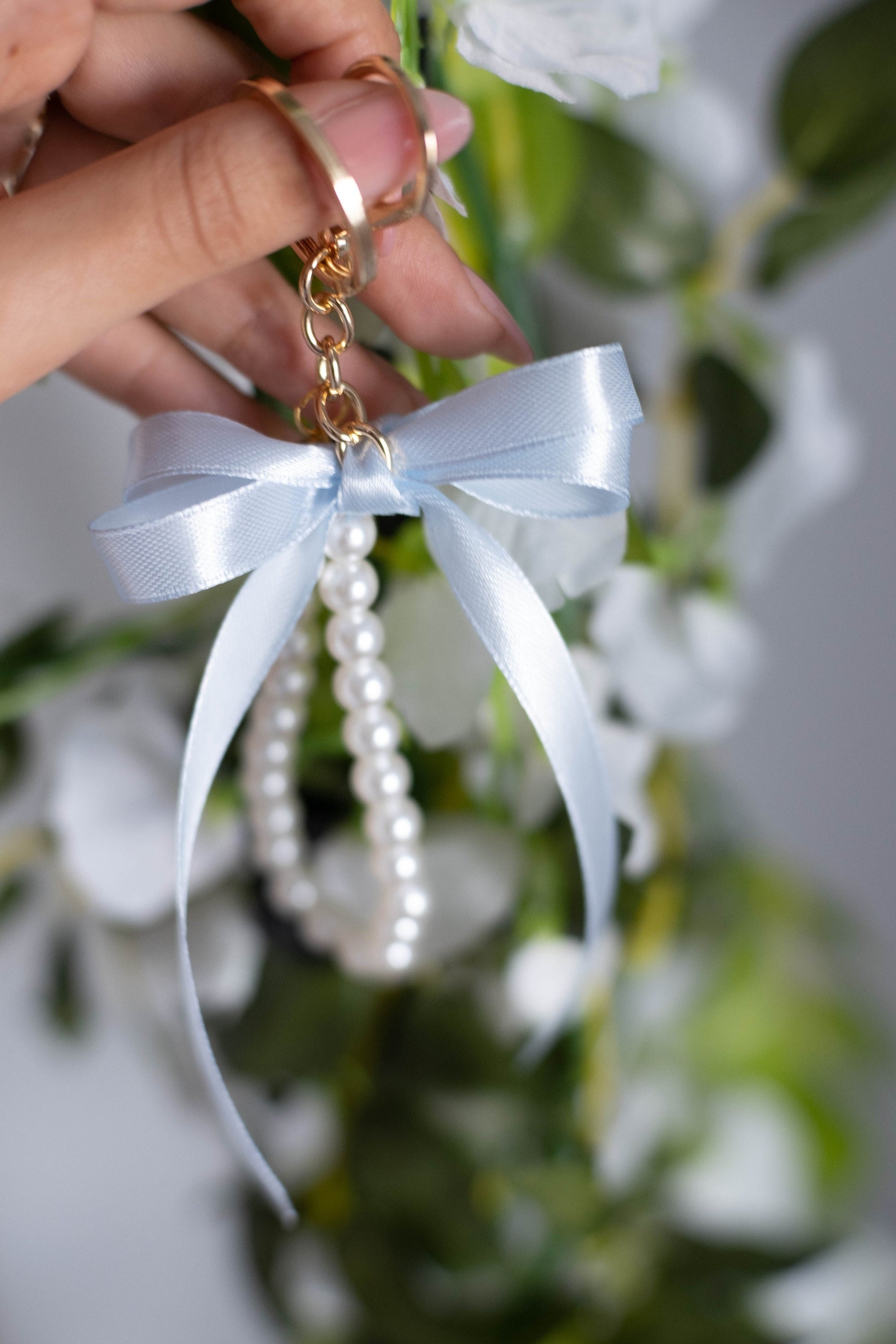 Pearl and Ribbon Keychain Elegant Wristlet For Women Purse Accessory For Her Gift Idea for BFF Aesthetic Keychain For Women Luxury Keychain