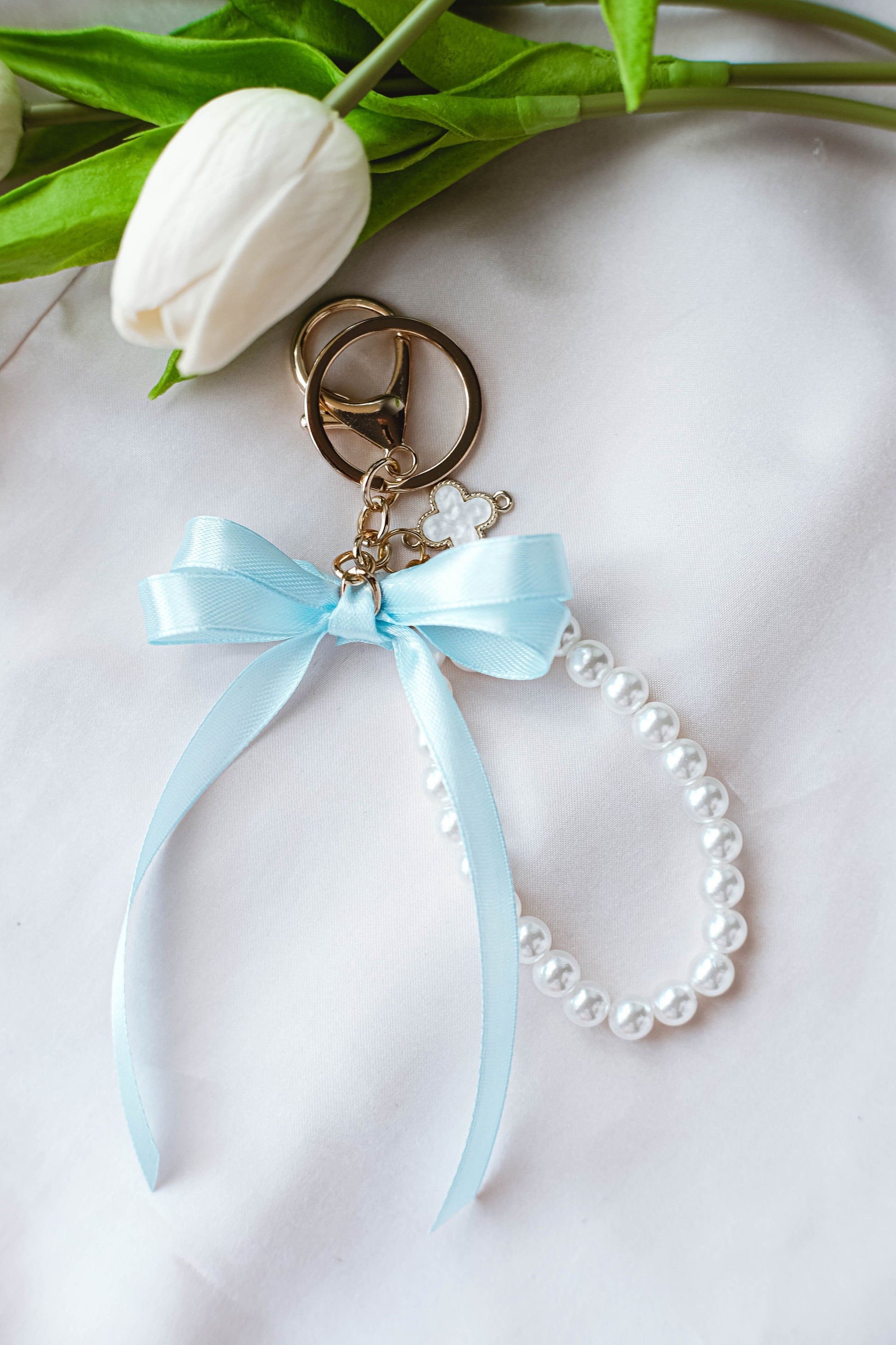 Pearl and Ribbon Keychain Elegant Wristlet For Women Purse Accessory For Her Gift Idea for BFF Aesthetic Keychain For Women Luxury Keychain