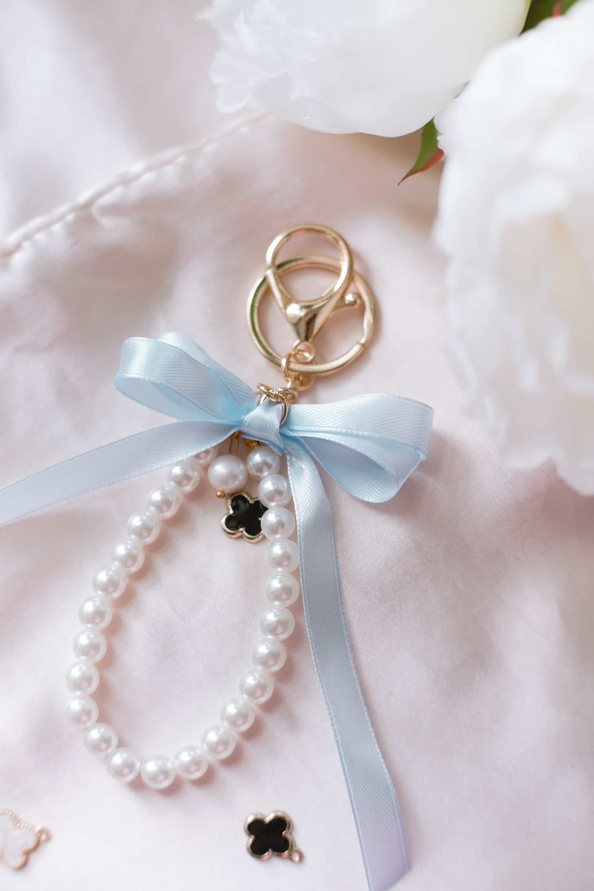 Pearl and Ribbon Keychain Elegant Wristlet For Women Purse Accessory For Her Gift Idea for BFF Aesthetic Keychain For Women Luxury Keychain