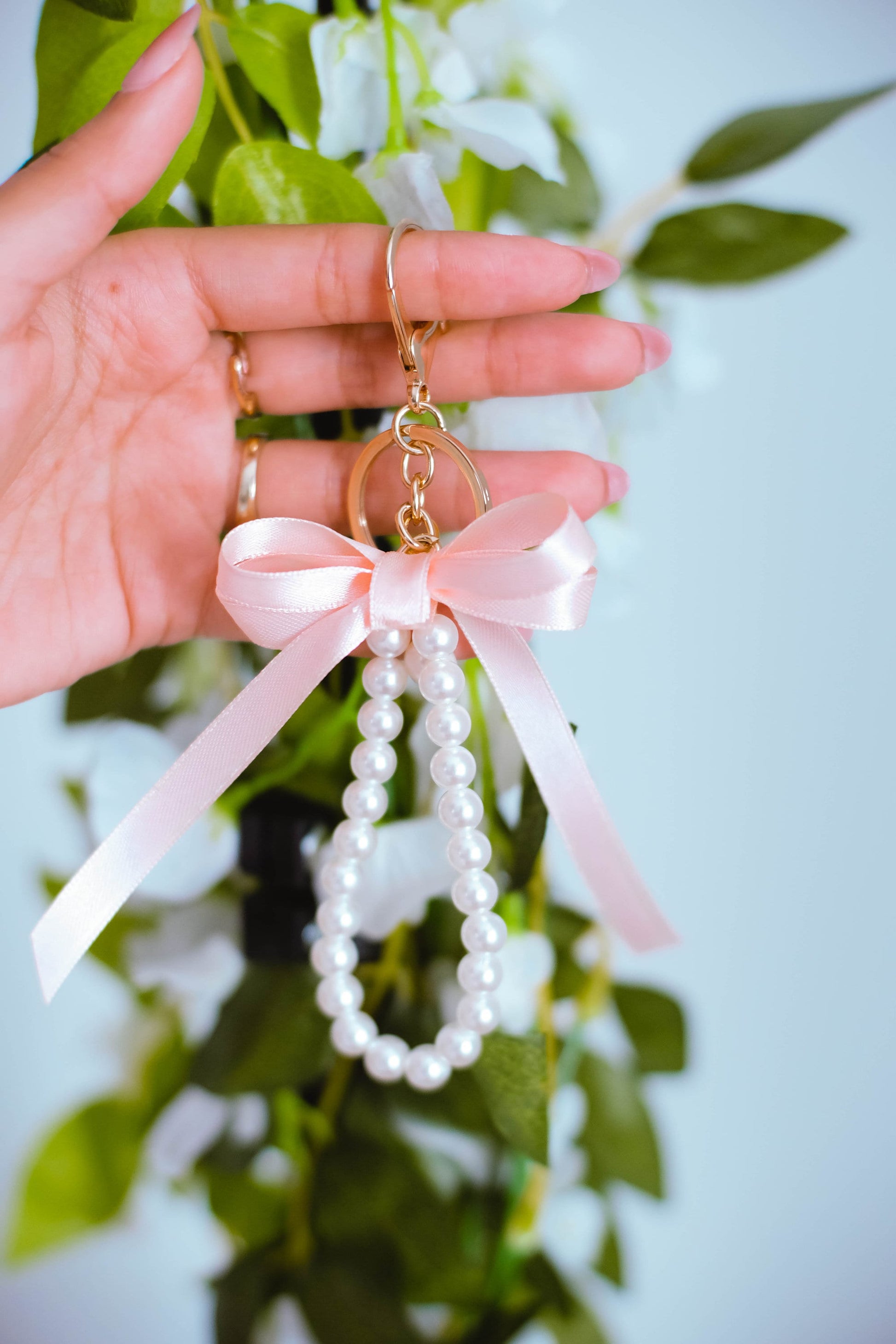 Pearl and Ribbon Keychain Elegant Wristlet For Women Purse Accessory For Her Gift Idea for BFF Aesthetic Keychain For Women Luxury Keychain