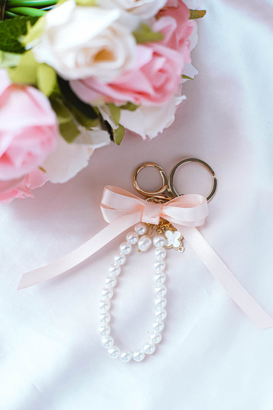 Pearl and Ribbon Keychain Elegant Wristlet For Women Purse Accessory For Her Gift Idea for BFF Aesthetic Keychain For Women Luxury Keychain