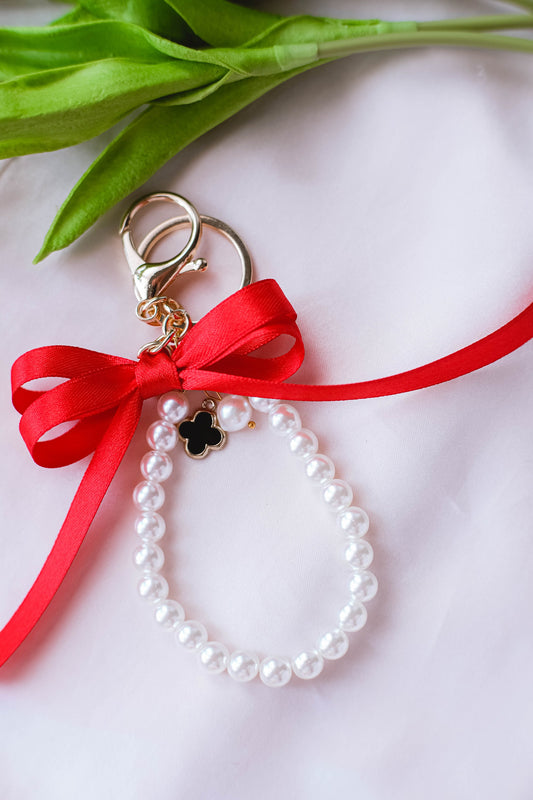 Pearl and Ribbon Keychain Elegant Wristlet For Women Purse Accessory For Her Gift Idea for BFF Aesthetic Keychain For Women Luxury Keychain