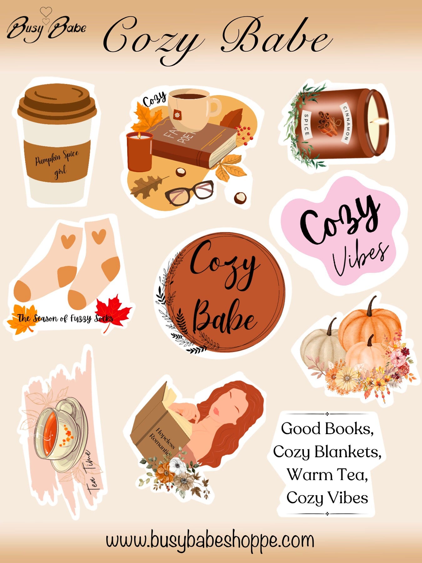 Aesthetic Cozy Babe Sticker Sheet, LatoptopSticker, Seasonal Autumn Stickers, Autumn Vibe Stickers, Fall Cozy Gift Box, Autumn Sticks