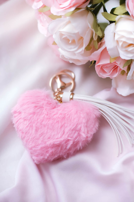 Pink Heart Pom Pom Keychain, Elegant Tassel Charm, Purse Accessory, Valentine's Dat Gift For Her, Aesthetic Pink Keychain, Pink Heart Charm
