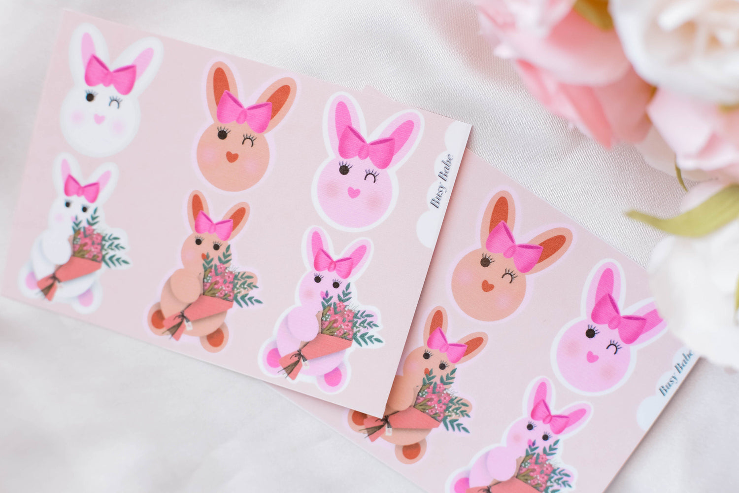 Bunny with Bow Ribbon Sticker Sheet, Bunny Stickers, Aesthetic Art, Kawaii Rabbit, Pastel Sticker Sheet, Flower Bunny, Journal Sticker Sheet