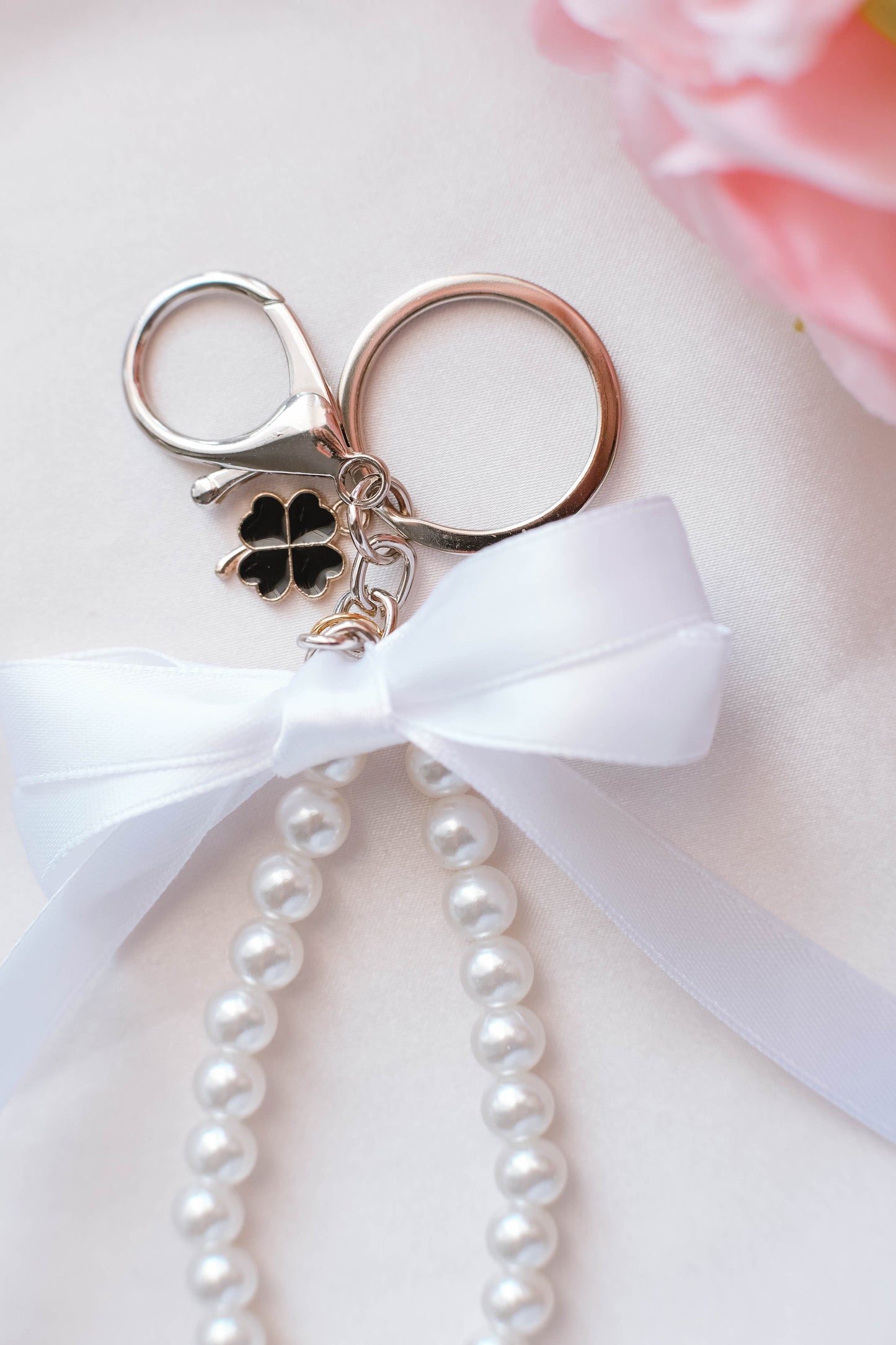 Pearl and Ribbon Keychain Elegant Wristlet For Women Purse Accessory For Her Gift Idea for BFF Aesthetic Keychain For Women Luxury Keychain