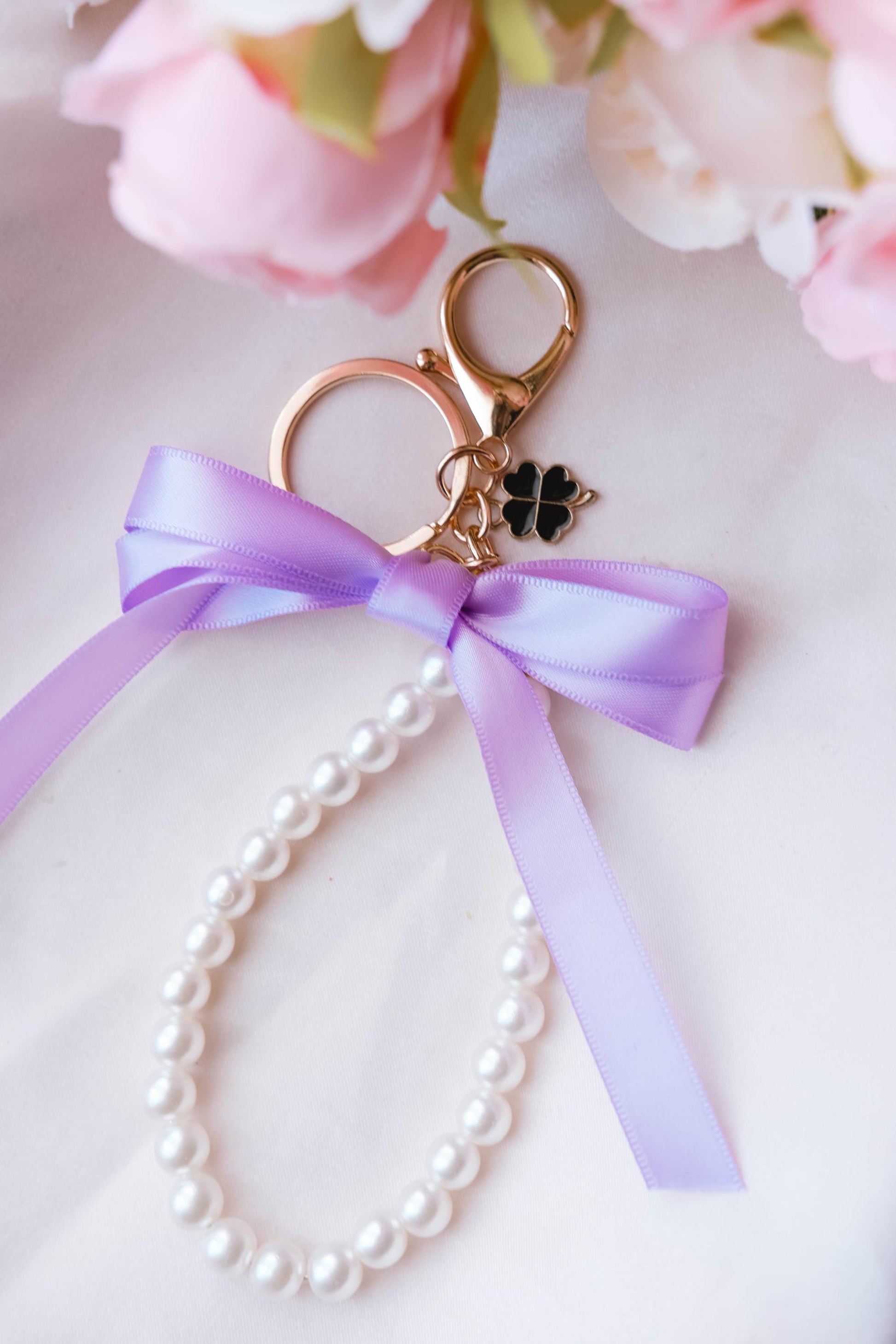 Pearl and Ribbon Keychain Elegant Wristlet For Women Purse Accessory For Her Gift Idea for BFF Aesthetic Keychain For Women Luxury Keychain