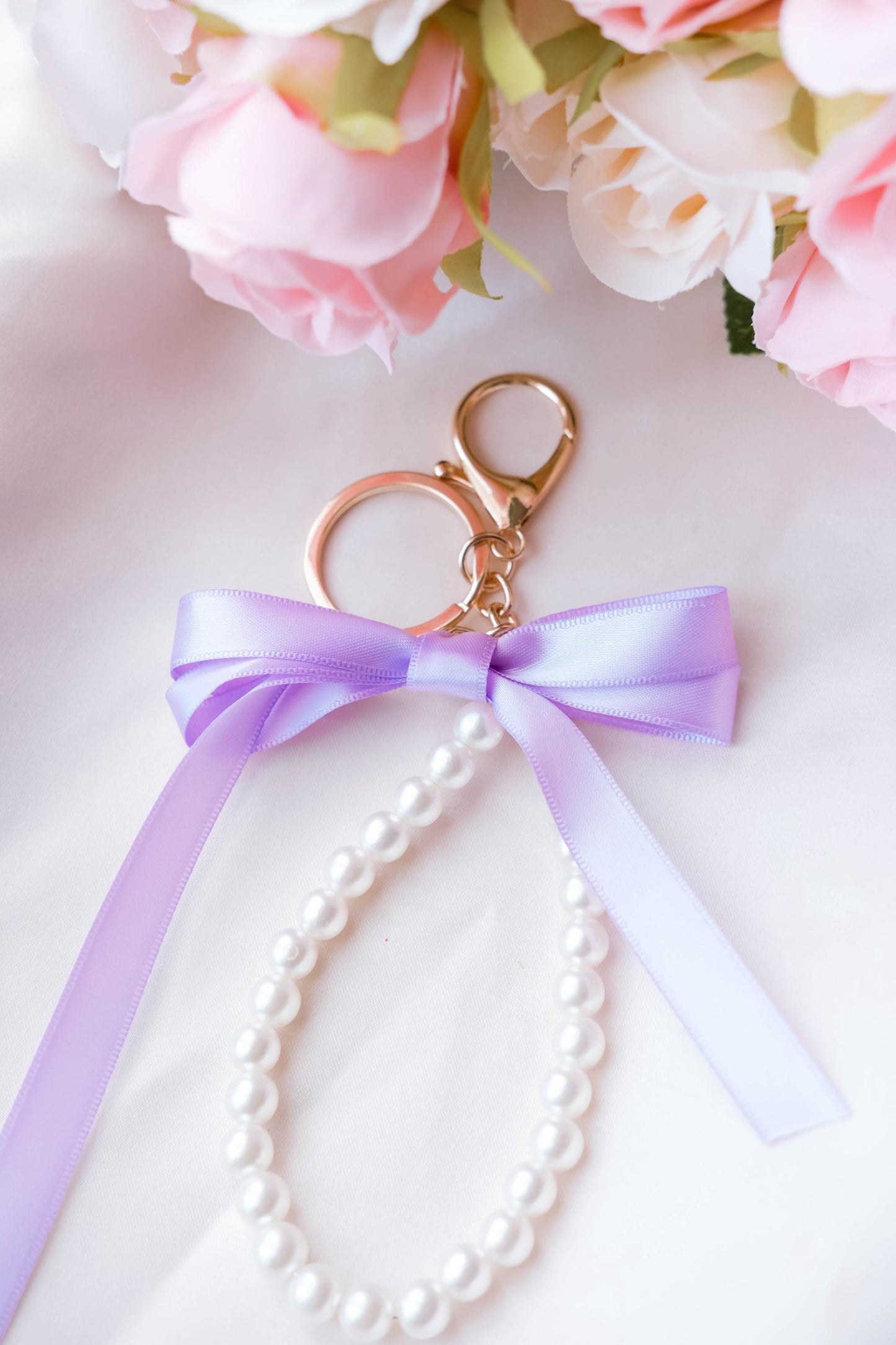 Pearl and Ribbon Keychain Elegant Wristlet For Women Purse Accessory For Her Gift Idea for BFF Aesthetic Keychain For Women Luxury Keychain