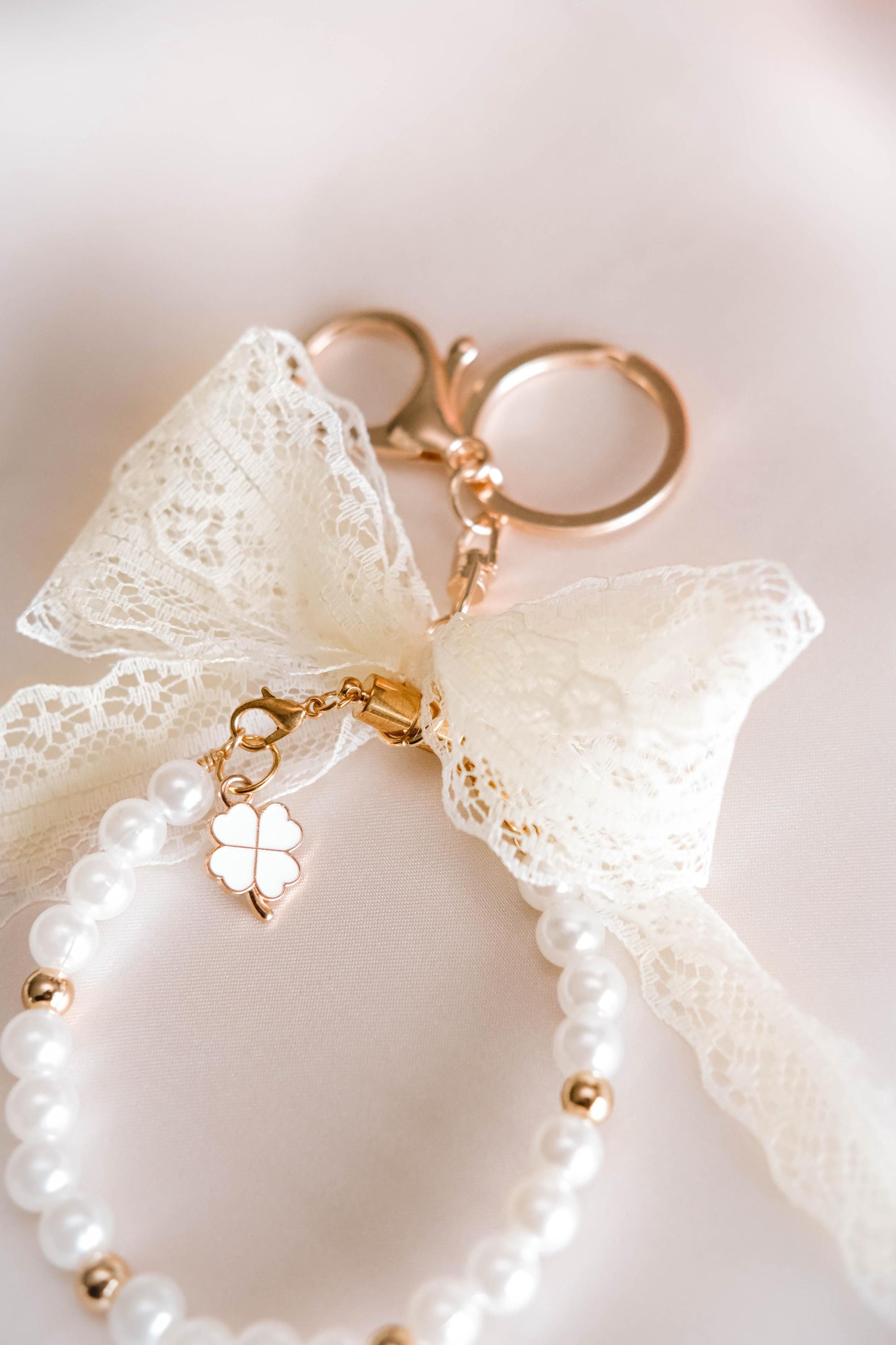 Elegant Pearl Bracelet Keychain Lace Bow 2 in 1 Wristlet Jewelry Charm | Handmade Gift with Clover Charm | Coquette Aesthetic Accessory