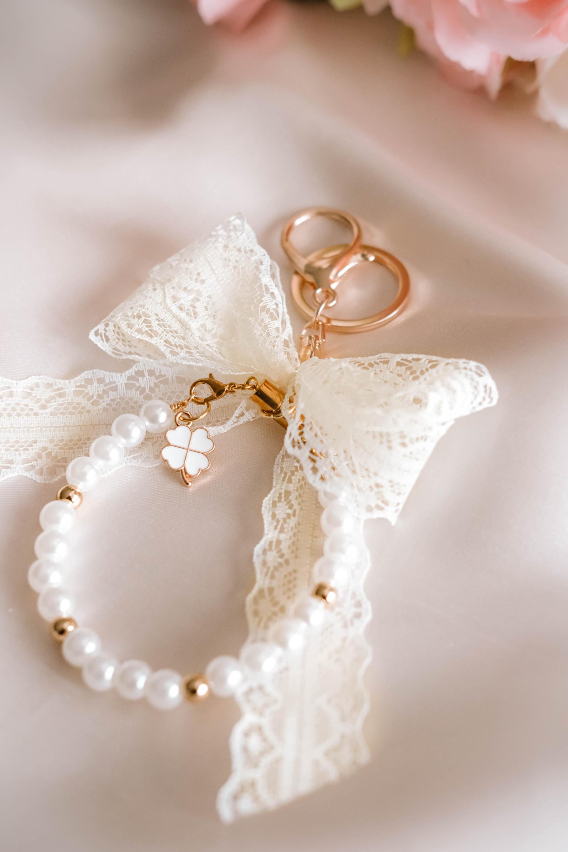 Elegant Pearl Bracelet Keychain Lace Bow 2 in 1 Wristlet Jewelry Charm | Handmade Gift with Clover Charm | Coquette Aesthetic Accessory