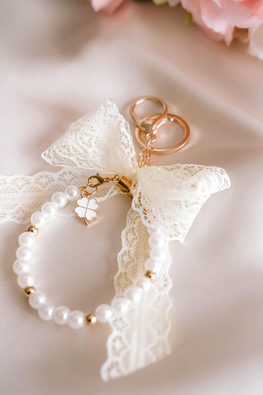 Elegant Pearl Bracelet Keychain Lace Bow 2 in 1 Wristlet Jewelry Charm | Handmade Gift with Clover Charm | Coquette Aesthetic Accessory