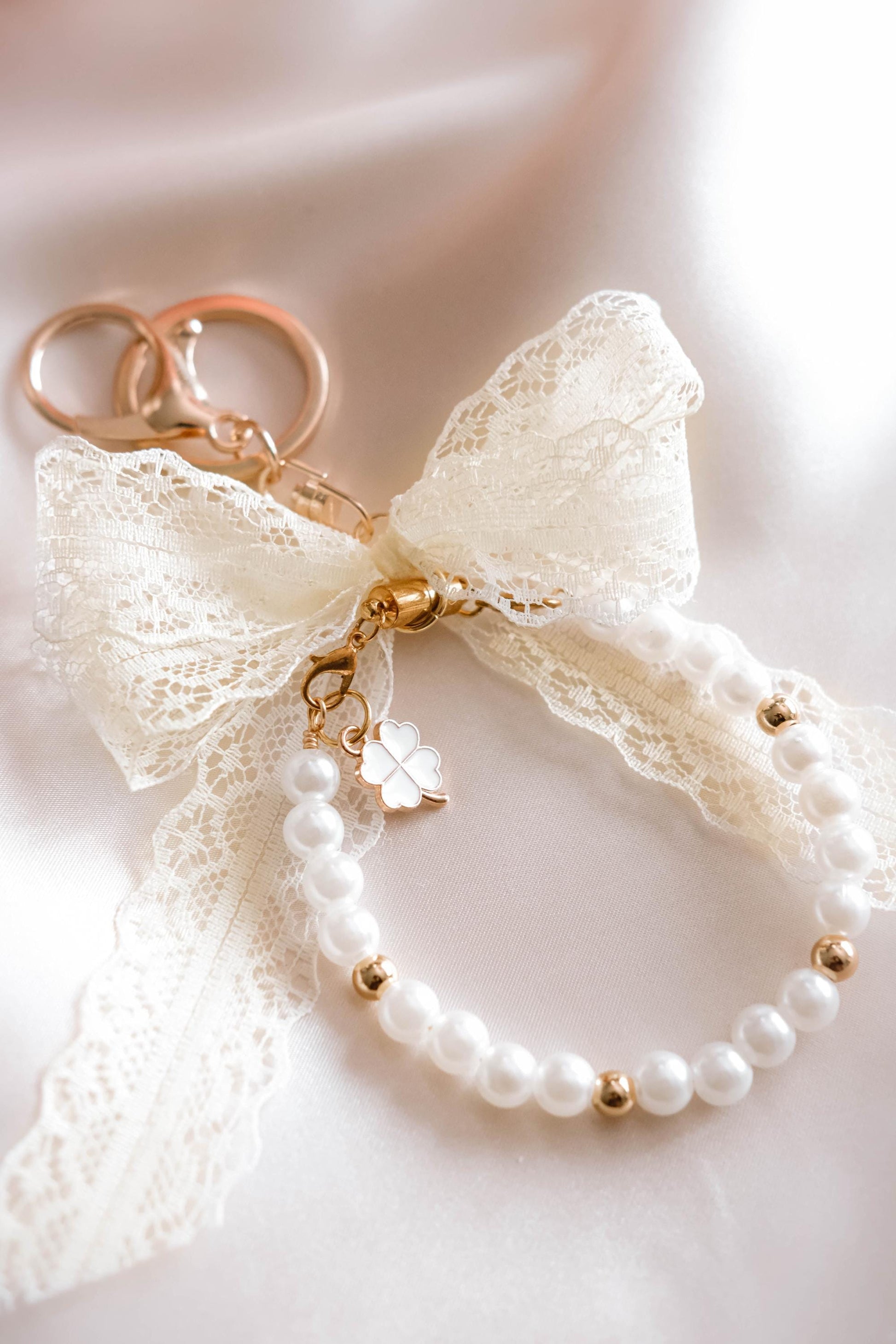 Elegant Pearl Bracelet Keychain Lace Bow 2 in 1 Wristlet Jewelry Charm | Handmade Gift with Clover Charm | Coquette Aesthetic Accessory