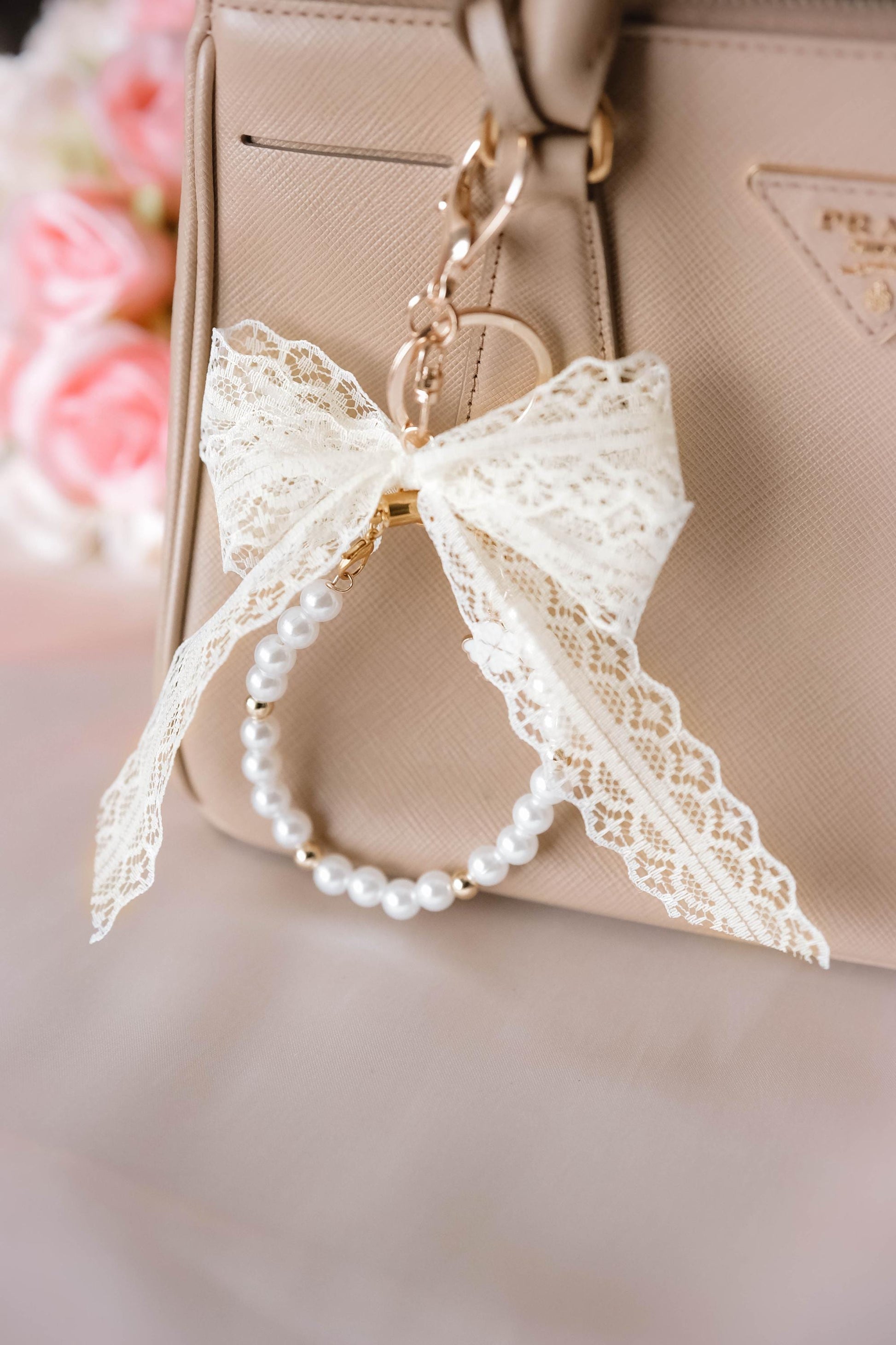 Elegant Pearl Bracelet Keychain Lace Bow 2 in 1 Wristlet Jewelry Charm | Handmade Gift with Clover Charm | Coquette Aesthetic Accessory