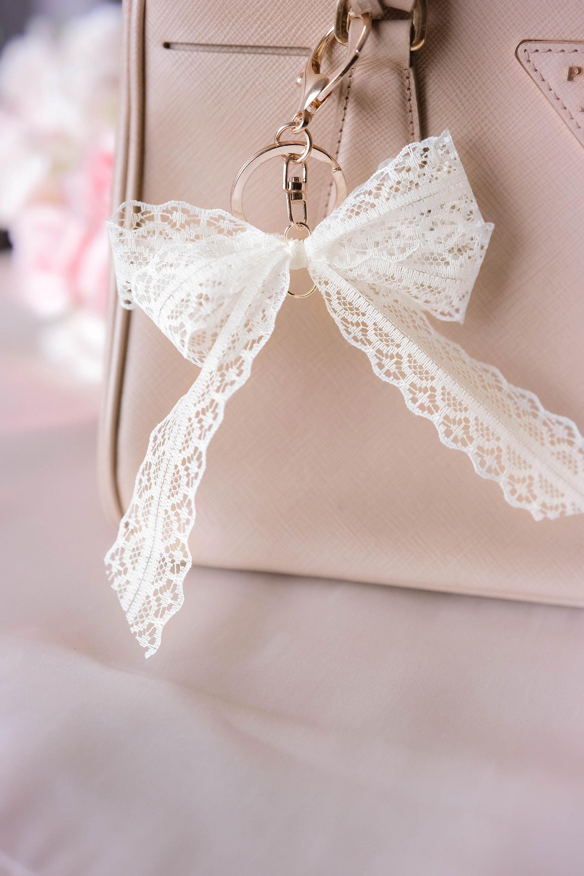 Elegant Pearl Bracelet Keychain Lace Bow 2 in 1 Wristlet Jewelry Charm | Handmade Gift with Clover Charm | Coquette Aesthetic Accessory