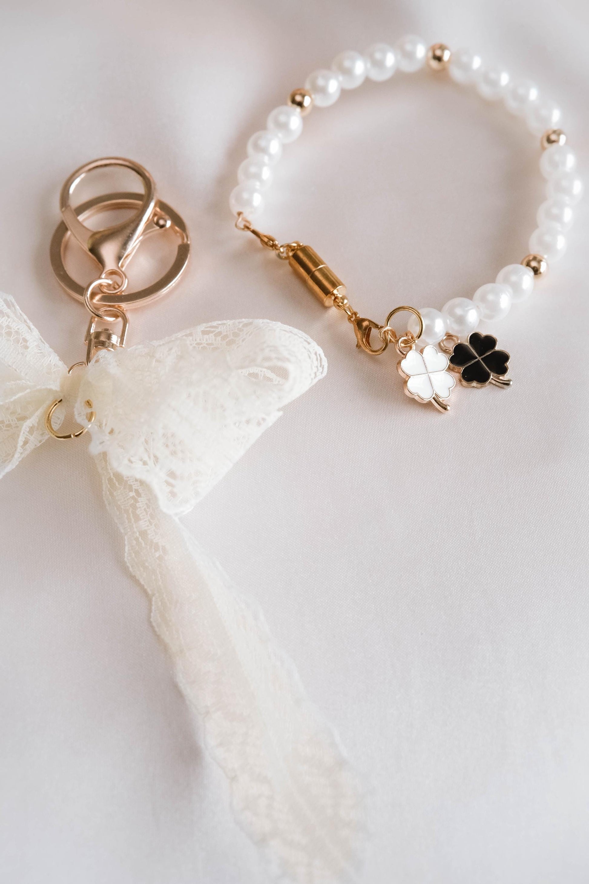 Elegant Pearl Bracelet Keychain Lace Bow 2 in 1 Wristlet Jewelry Charm | Handmade Gift with Clover Charm | Coquette Aesthetic Accessory