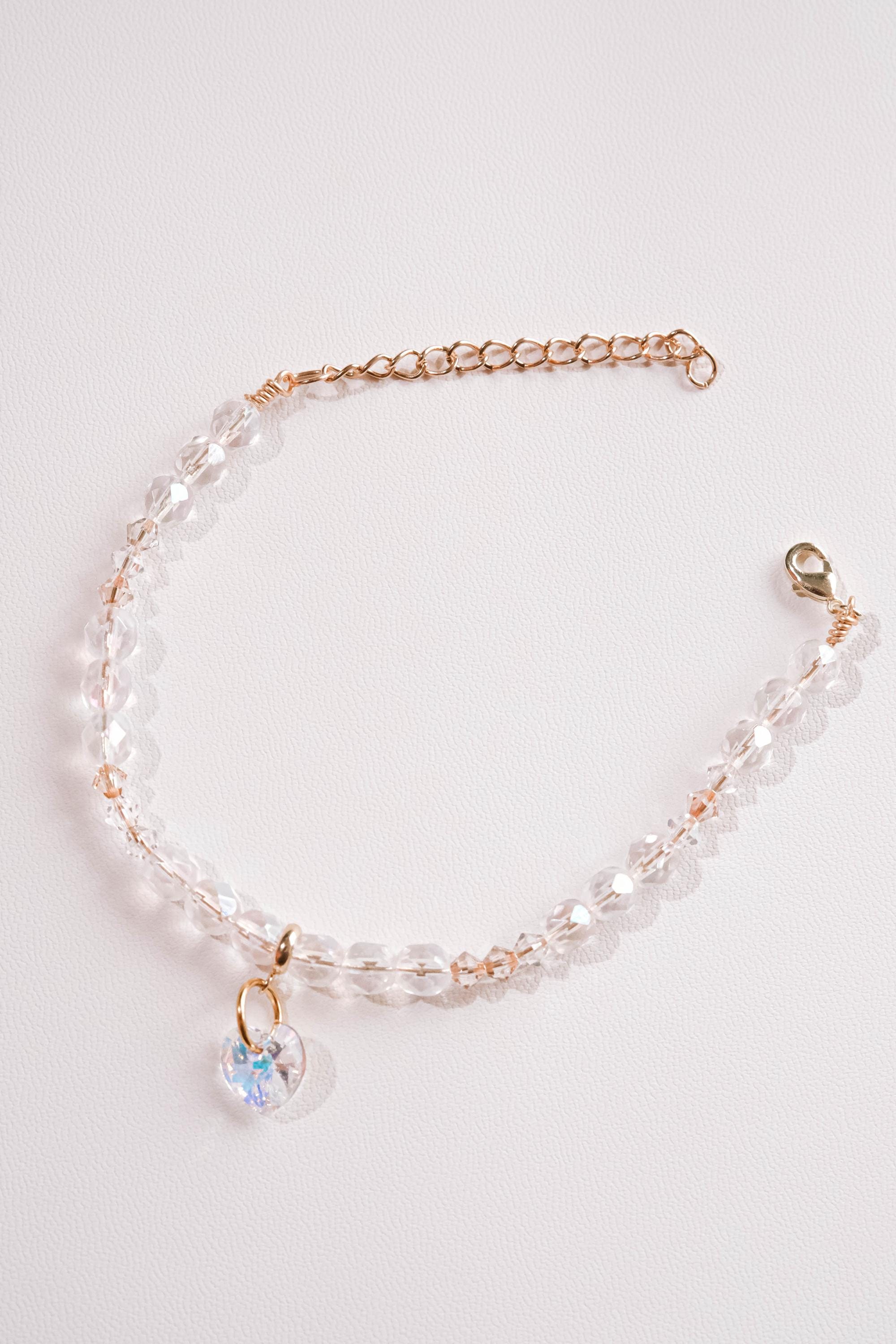 Handmade Glass Bead Anklet With Heart Charm – 25cm / 9.5 Inch – Silver Tone – Various Colors – Quality Handmade
