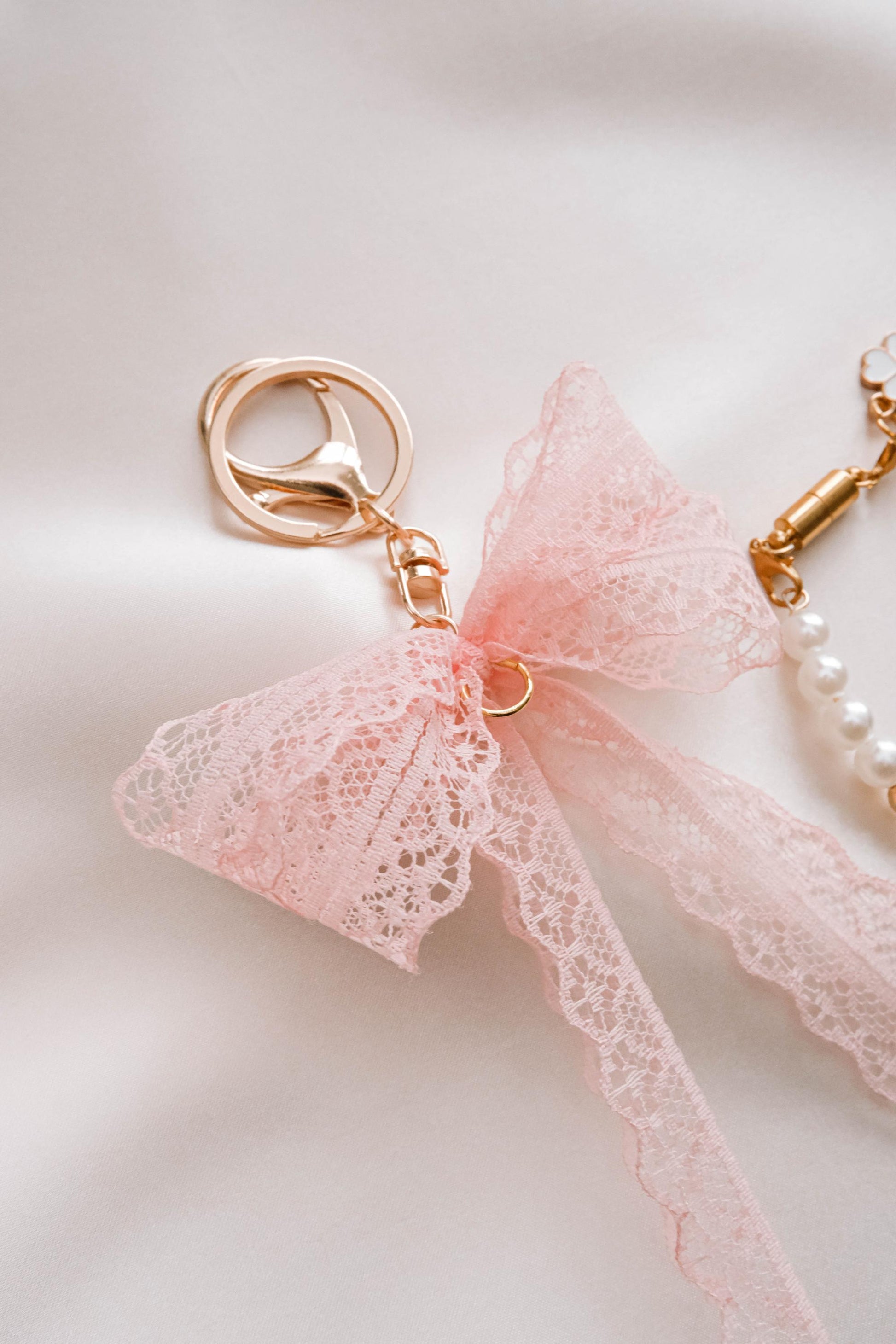 Elegant Pearl and Ribbon Keychain Wristlet For Women Purse Accessory For Her Gift Idea for BFF Aesthetic Jewelry For Women Luxury Bracelet
