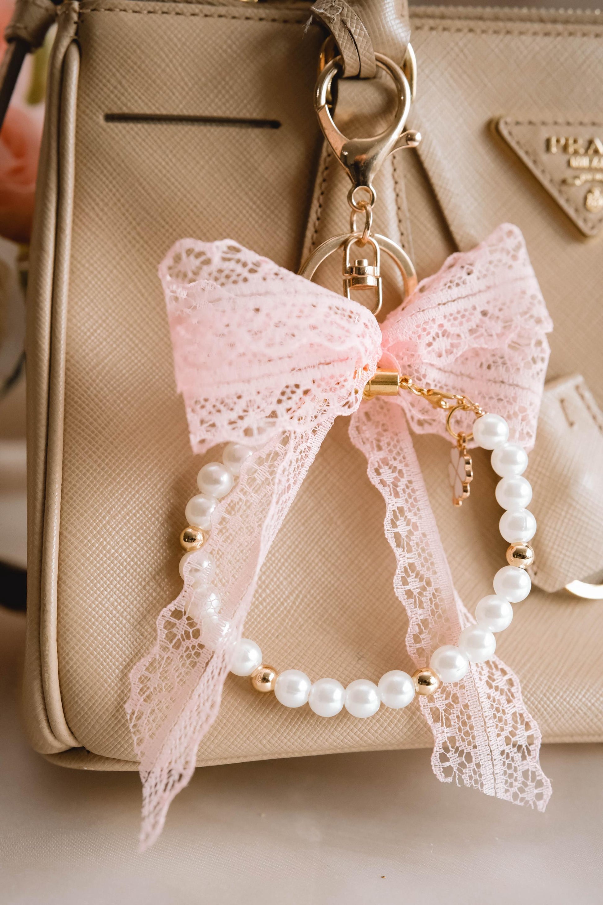 Elegant Pearl and Ribbon Keychain Wristlet For Women Purse Accessory For Her Gift Idea for BFF Aesthetic Jewelry For Women Luxury Bracelet