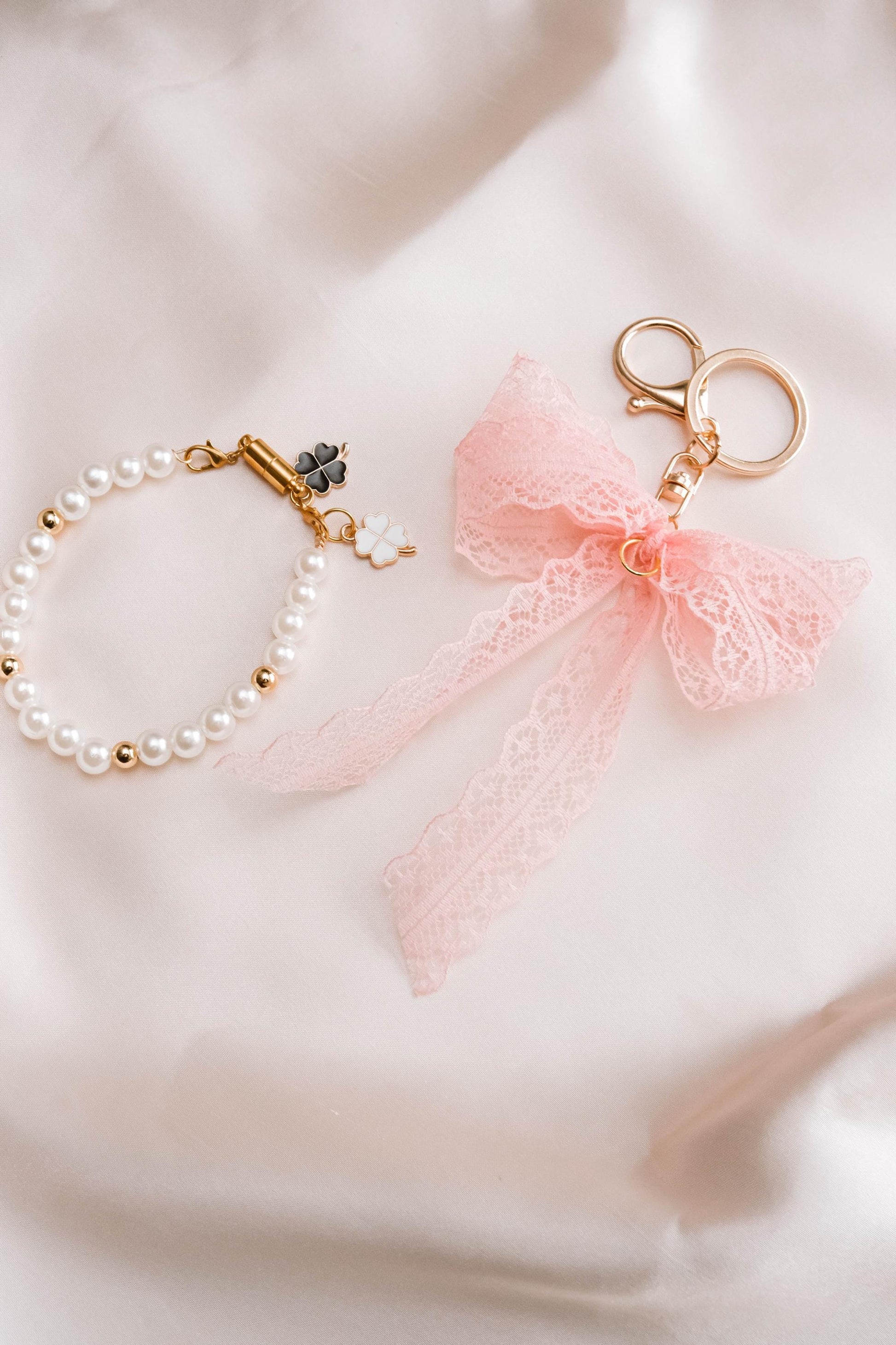 Elegant Pearl and Ribbon Keychain Wristlet For Women Purse Accessory For Her Gift Idea for BFF Aesthetic Jewelry For Women Luxury Bracelet