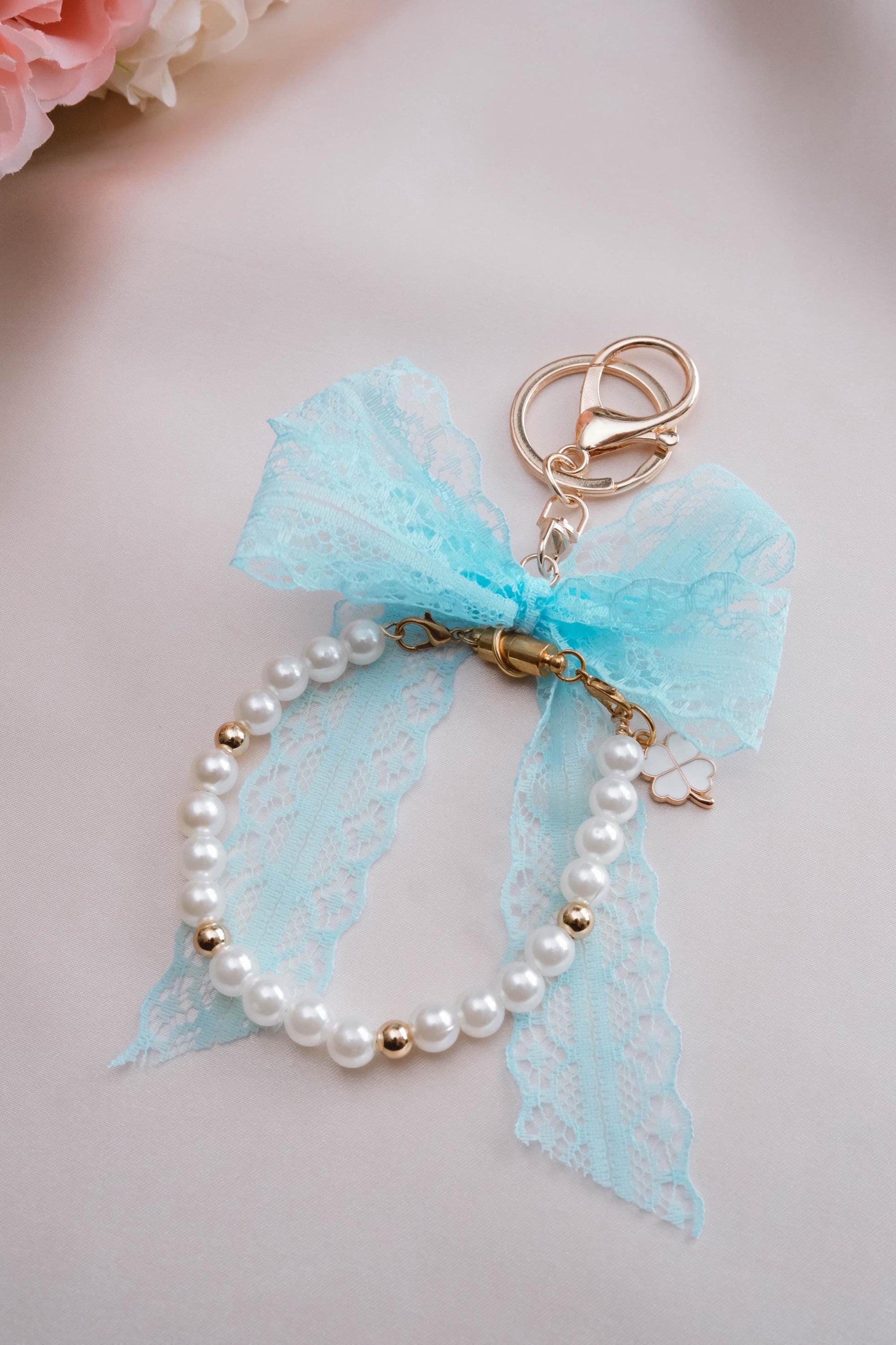 Pearl and Ribbon Keychain Elegant Wristlet For Women Purse Accessory For Her Gift Idea for BFF Aesthetic Keychain For Women Luxury Keychain