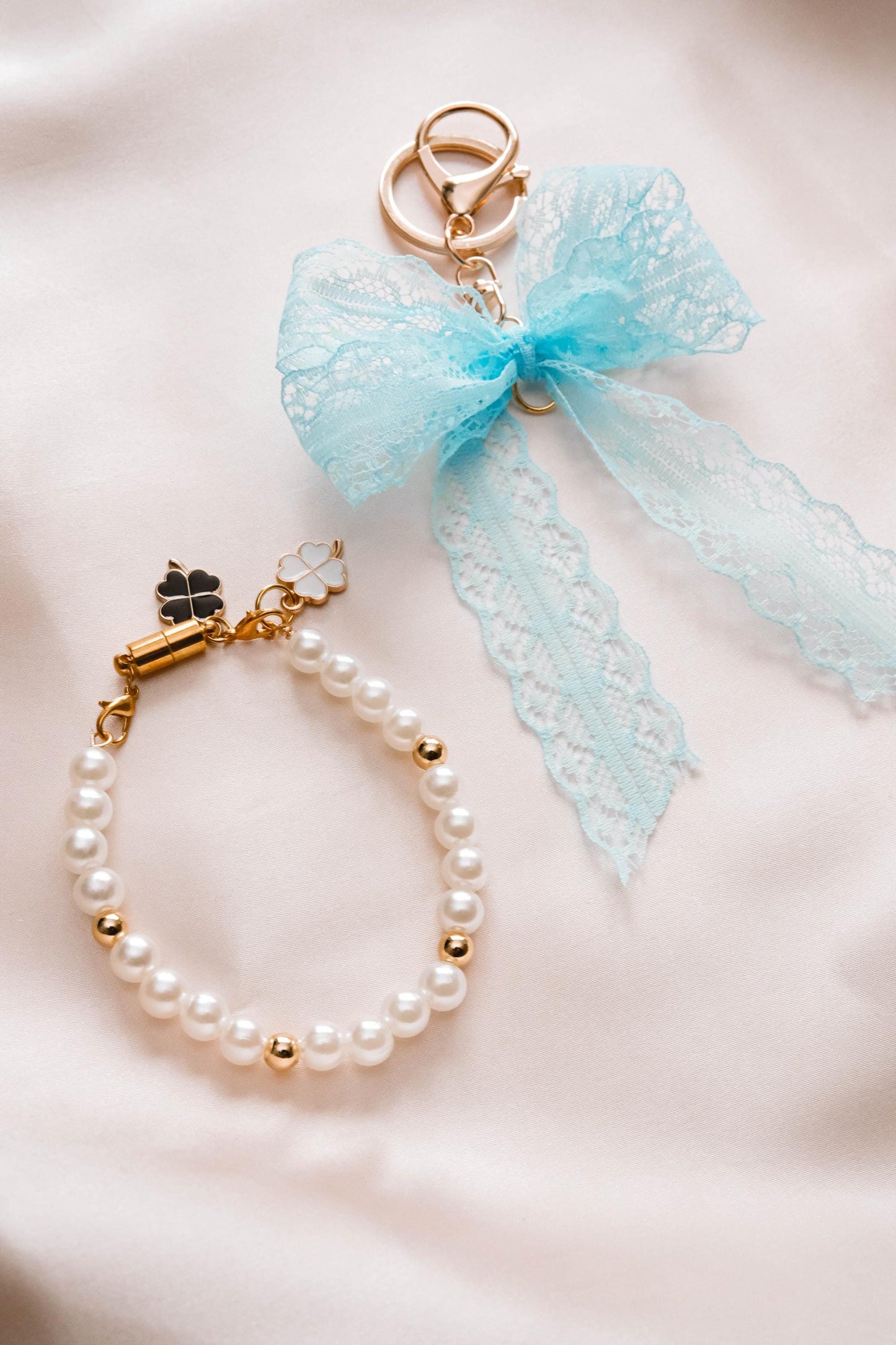 Pearl and Ribbon Keychain Elegant Wristlet For Women Purse Accessory For Her Gift Idea for BFF Aesthetic Keychain For Women Luxury Keychain
