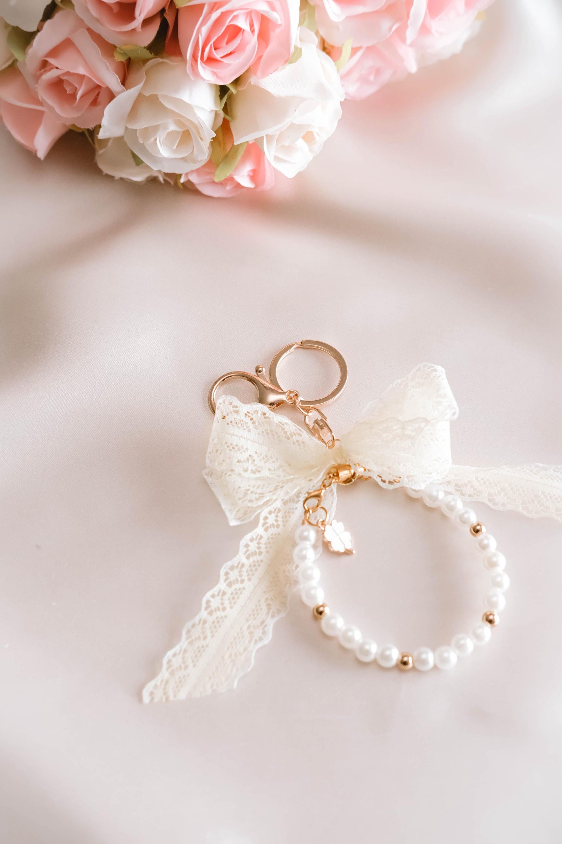Elegant Pearl Bracelet Keychain Lace Bow 2 in 1 Wristlet Jewelry Charm | Handmade Gift with Clover Charm | Coquette Aesthetic Accessory