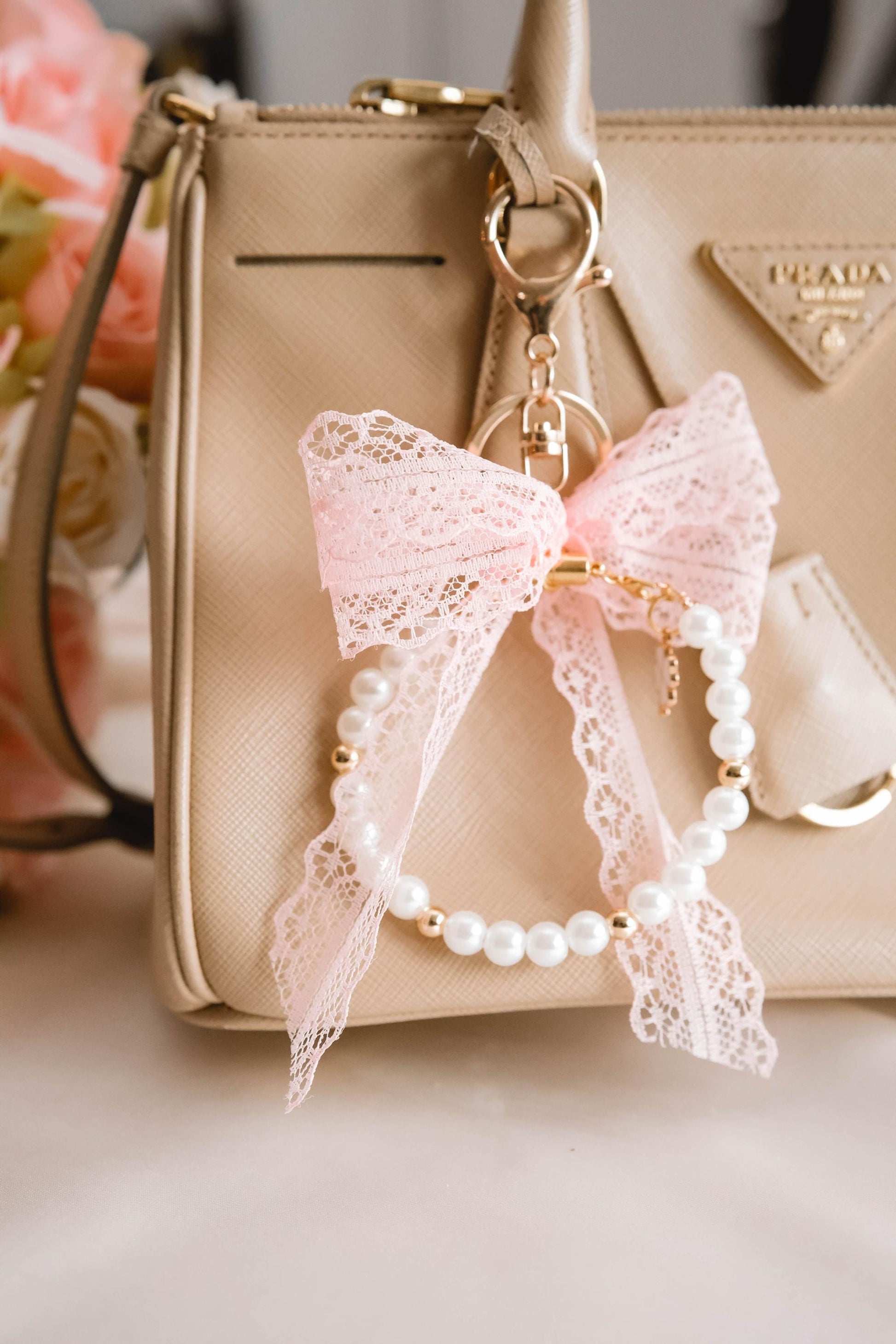 Elegant Pearl and Ribbon Keychain Wristlet For Women Purse Accessory For Her Gift Idea for BFF Aesthetic Jewelry For Women Luxury Bracelet