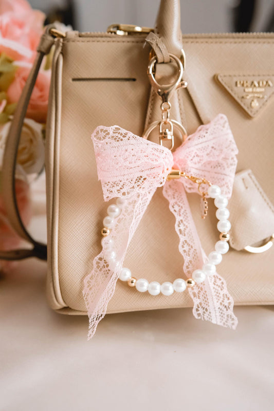 Elegant Pearl and Ribbon Keychain Wristlet For Women Purse Accessory For Her Gift Idea for BFF Aesthetic Jewelry For Women Luxury Bracelet
