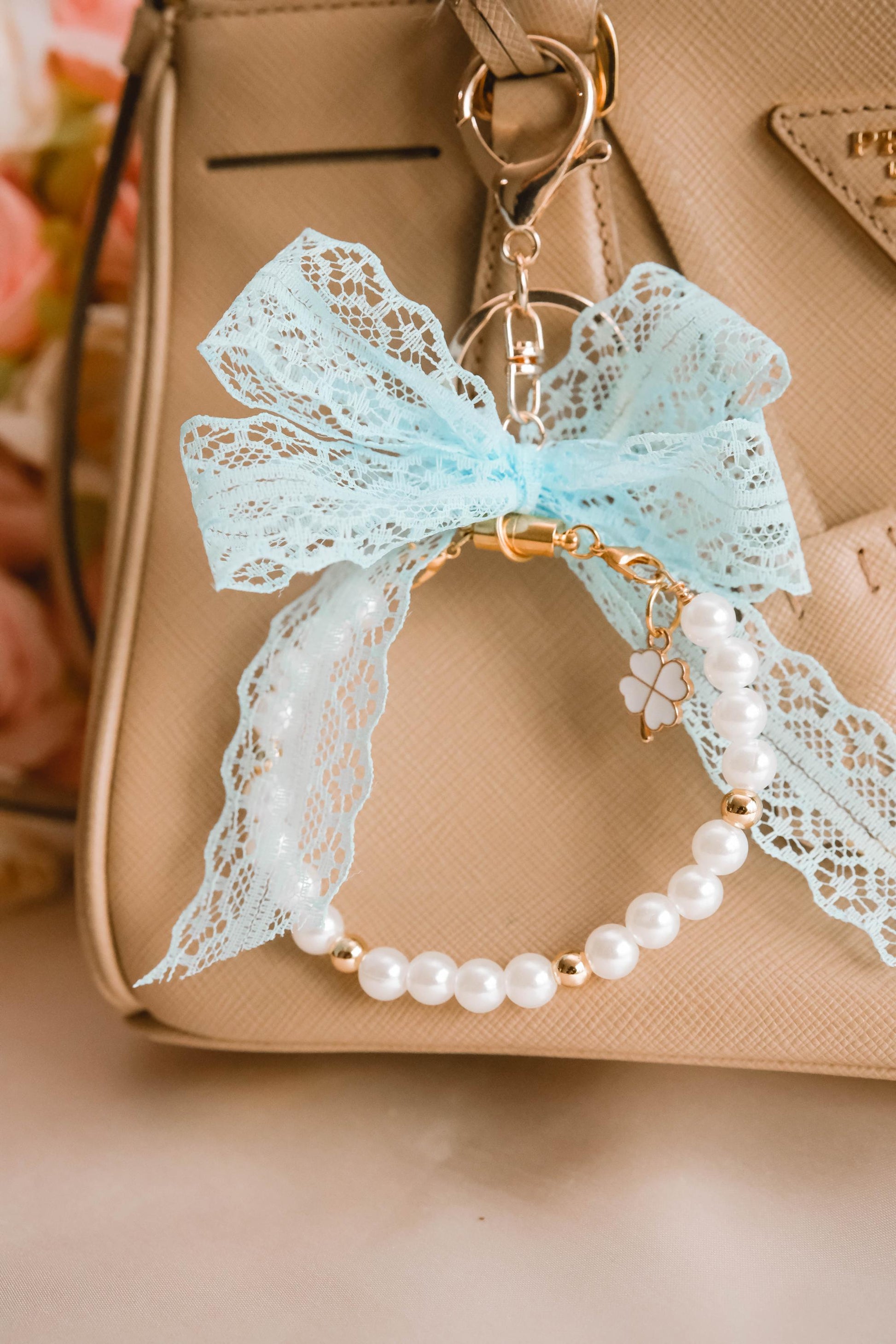 Pearl and Ribbon Keychain Elegant Wristlet For Women Purse Accessory For Her Gift Idea for BFF Aesthetic Keychain For Women Luxury Keychain