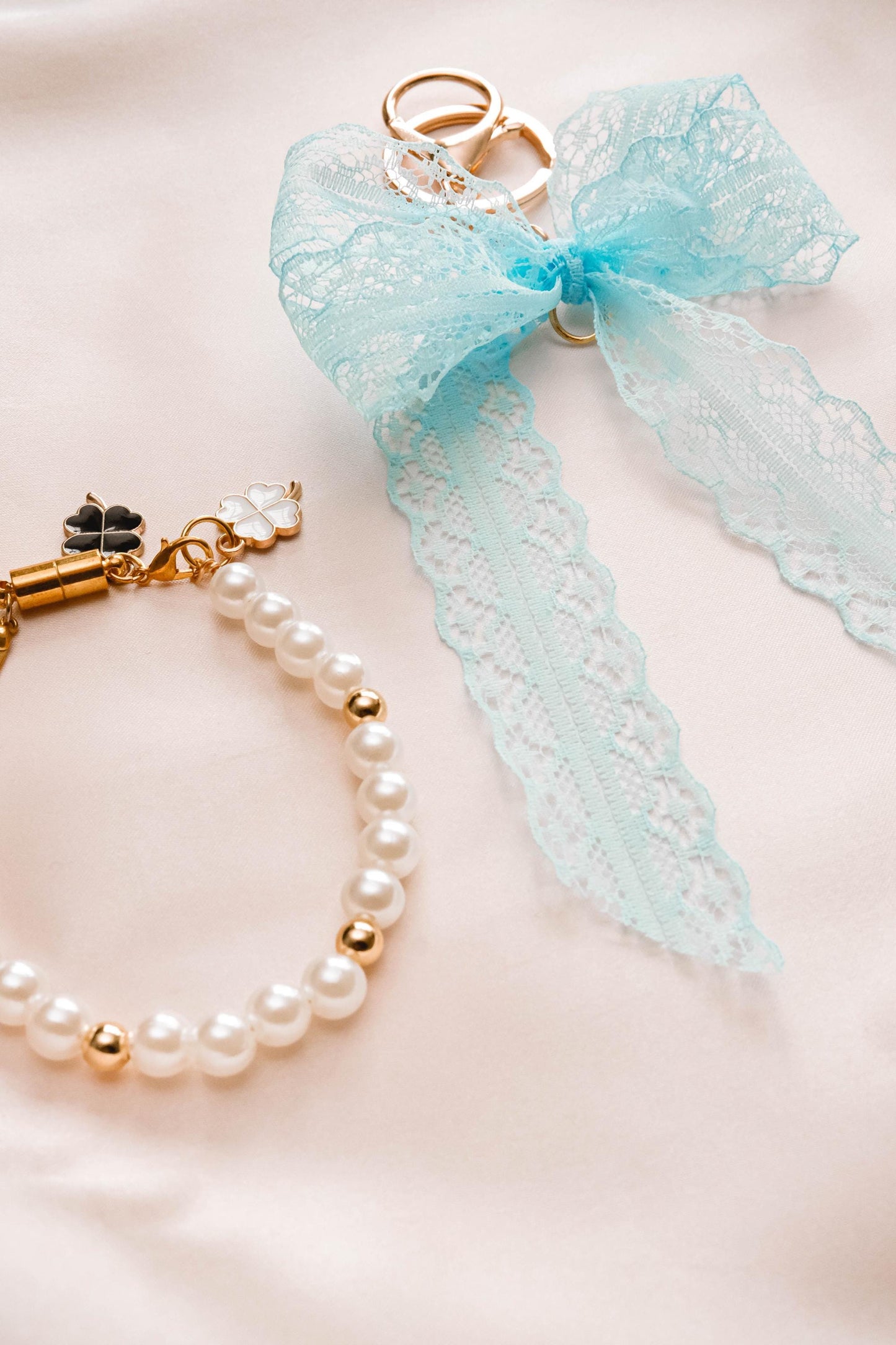 Pearl and Ribbon Keychain Elegant Wristlet For Women Purse Accessory For Her Gift Idea for BFF Aesthetic Keychain For Women Luxury Keychain